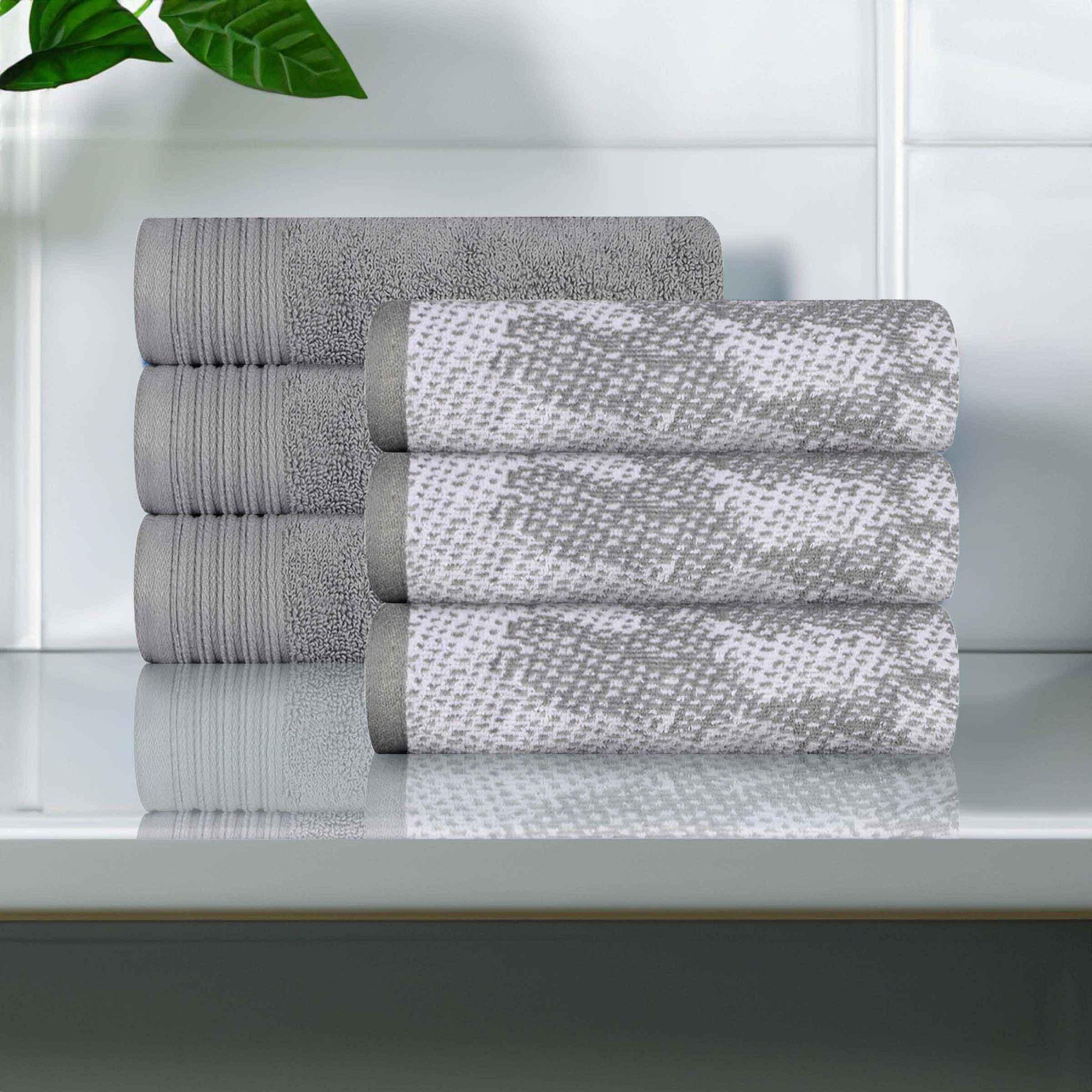 Cotton Marble and Solid Medium Weight Hand Towel Set of 6 - Gray