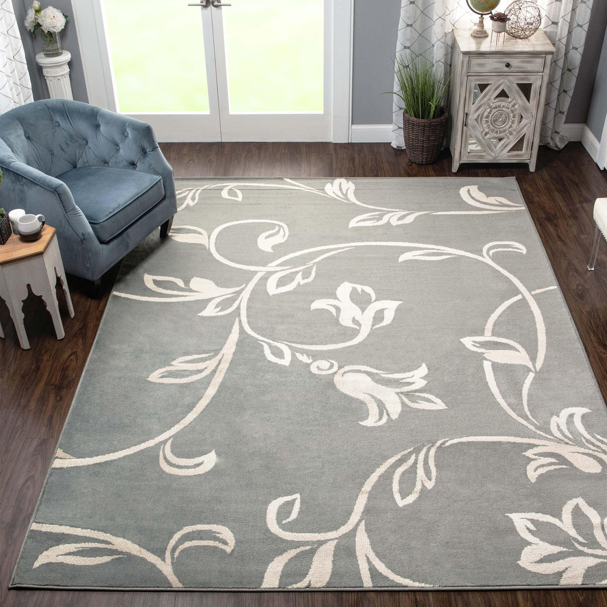 Floral Vines Scrolling Indoor Large Area Rugs or Runner Rug - Gray