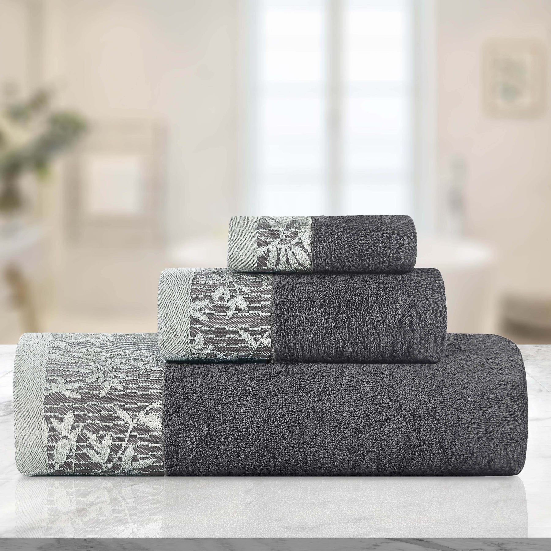 Wisteria Cotton Medium Weight Floral Jacquard Border 3 Piece Towel Set