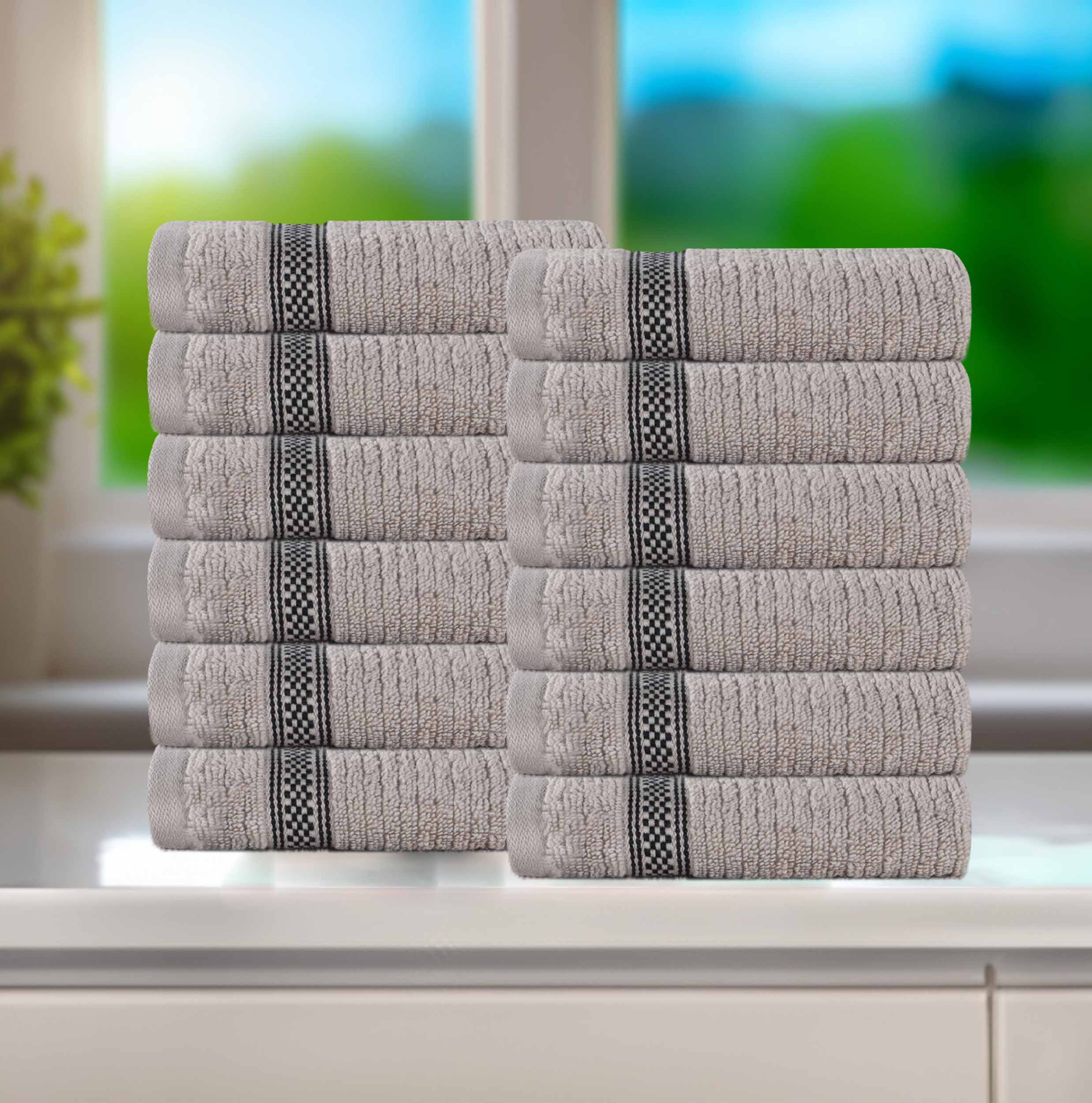 Brea Zero Twist Cotton Ribbed Geometric Border Face Towel Set of 12 - Face Towel by Superior