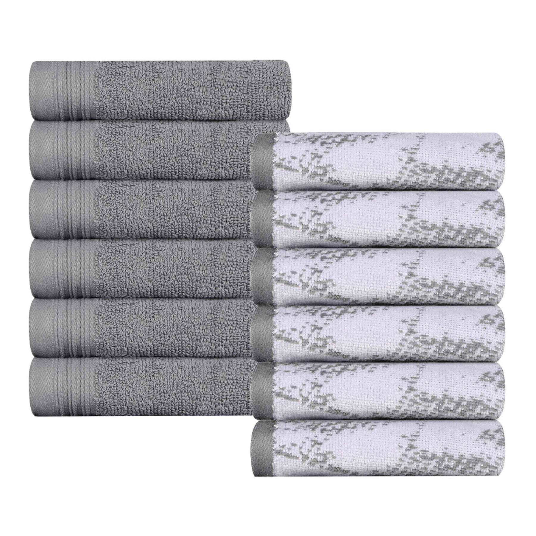 Cotton Marble and Solid Medium Weight Face Towel/ Washcloth Set of 12 - Gray