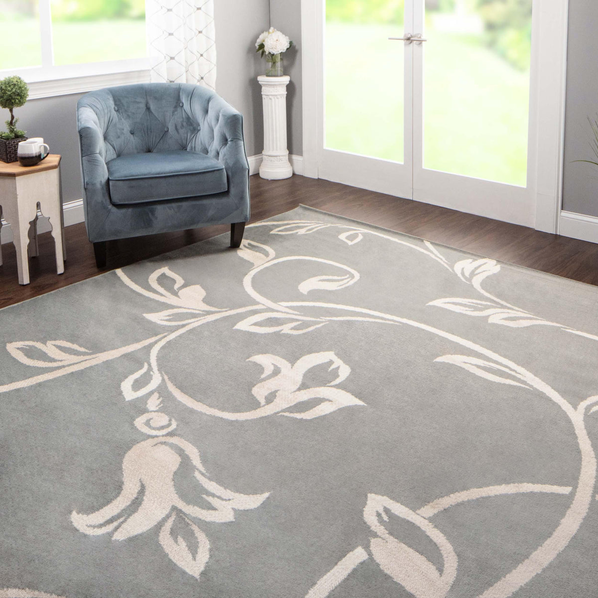 Floral Vines Scrolling Indoor Large Area Rugs or Runner Rug - Gray