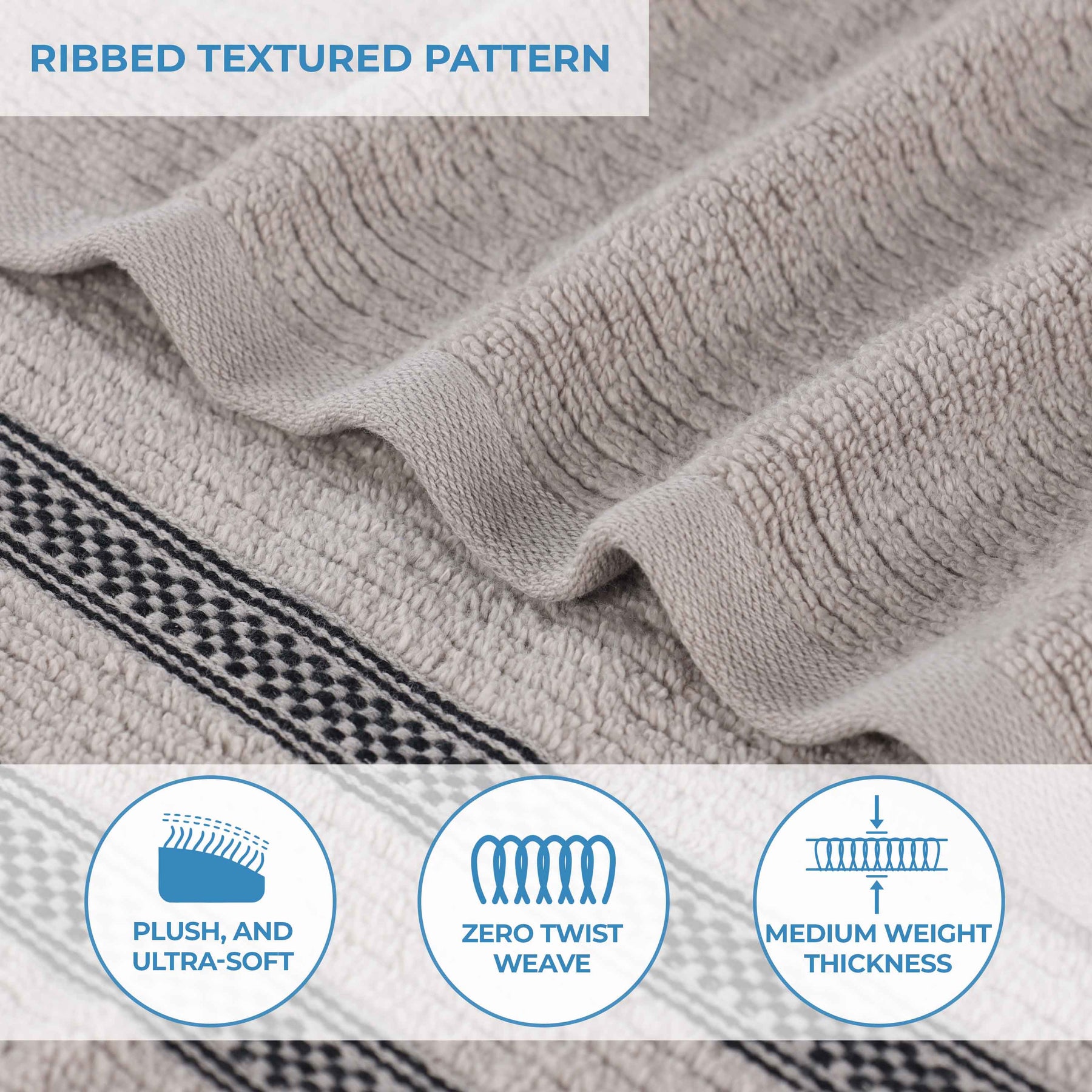 Brea Zero Twist Cotton Ribbed Geometric Border Bath Towel Set of 3