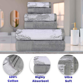 Cotton Marble and Solid Medium Weight Hand Towel Set of 6 - Gray