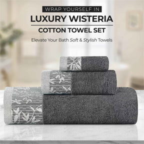 Wisteria Cotton Medium Weight Floral Jacquard Border 3 Piece Towel Set