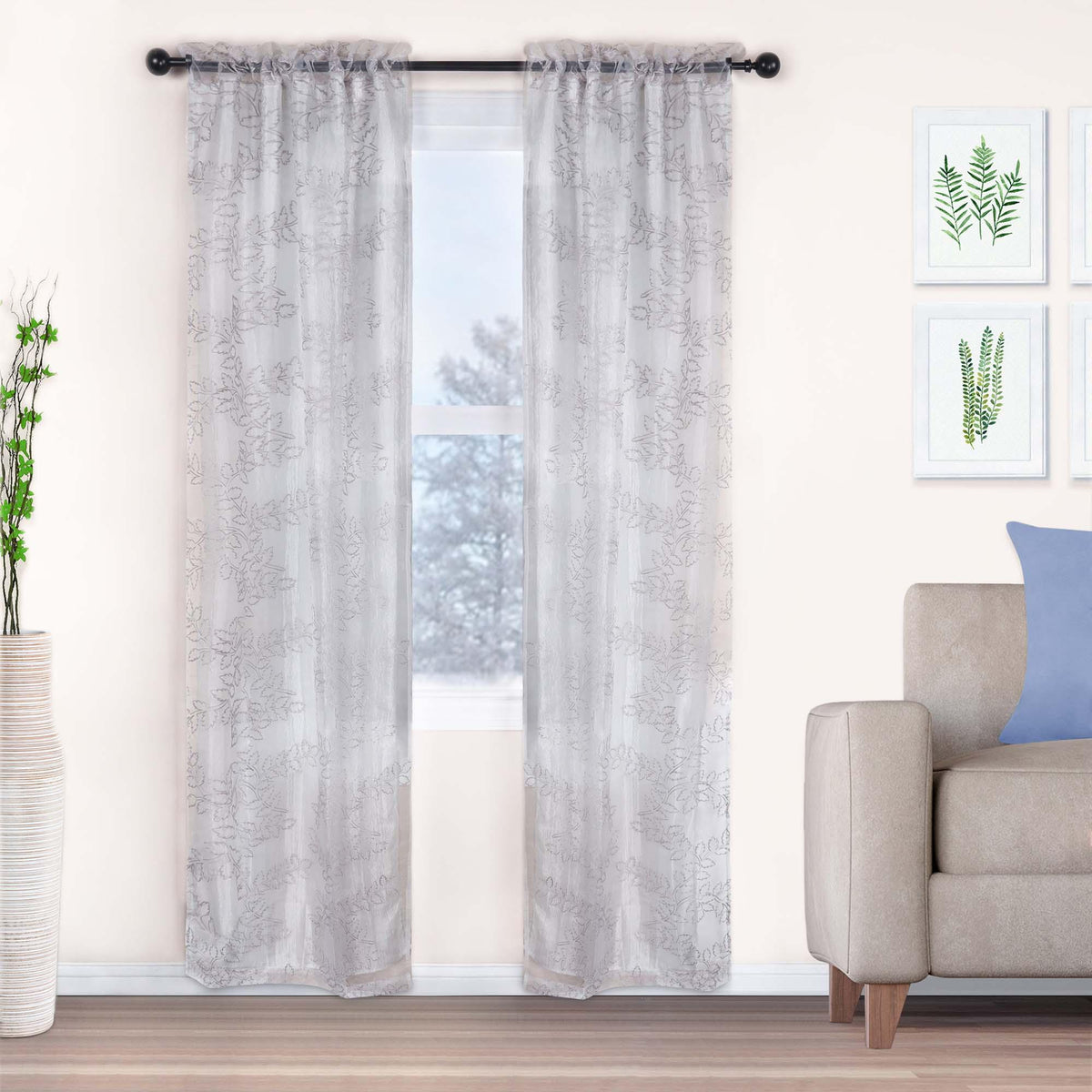 Embroidered Leaves Grommet 2 Piece Layered Sheer Curtain Panel Set - Sheer Curtains by Superior - Superior 