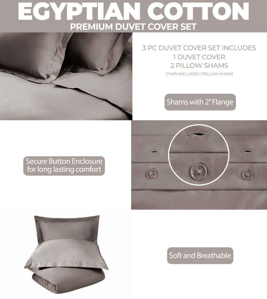 Egyptian Cotton 400 Thread Count Solid Luxury Duvet Cover Set - Gray