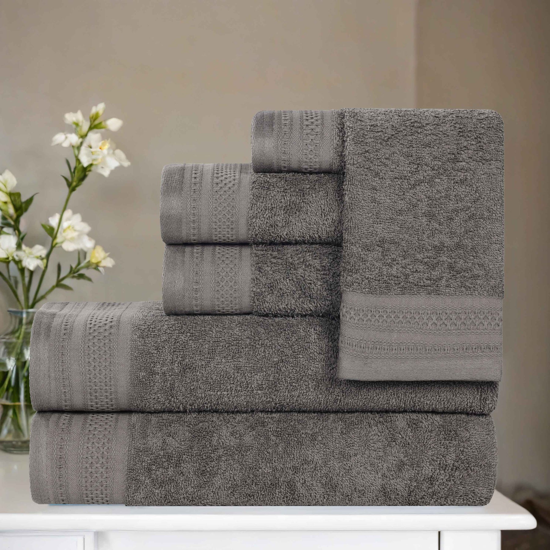 Honeycomb Textured Waffle Border Cotton 6 Piece Towel Set