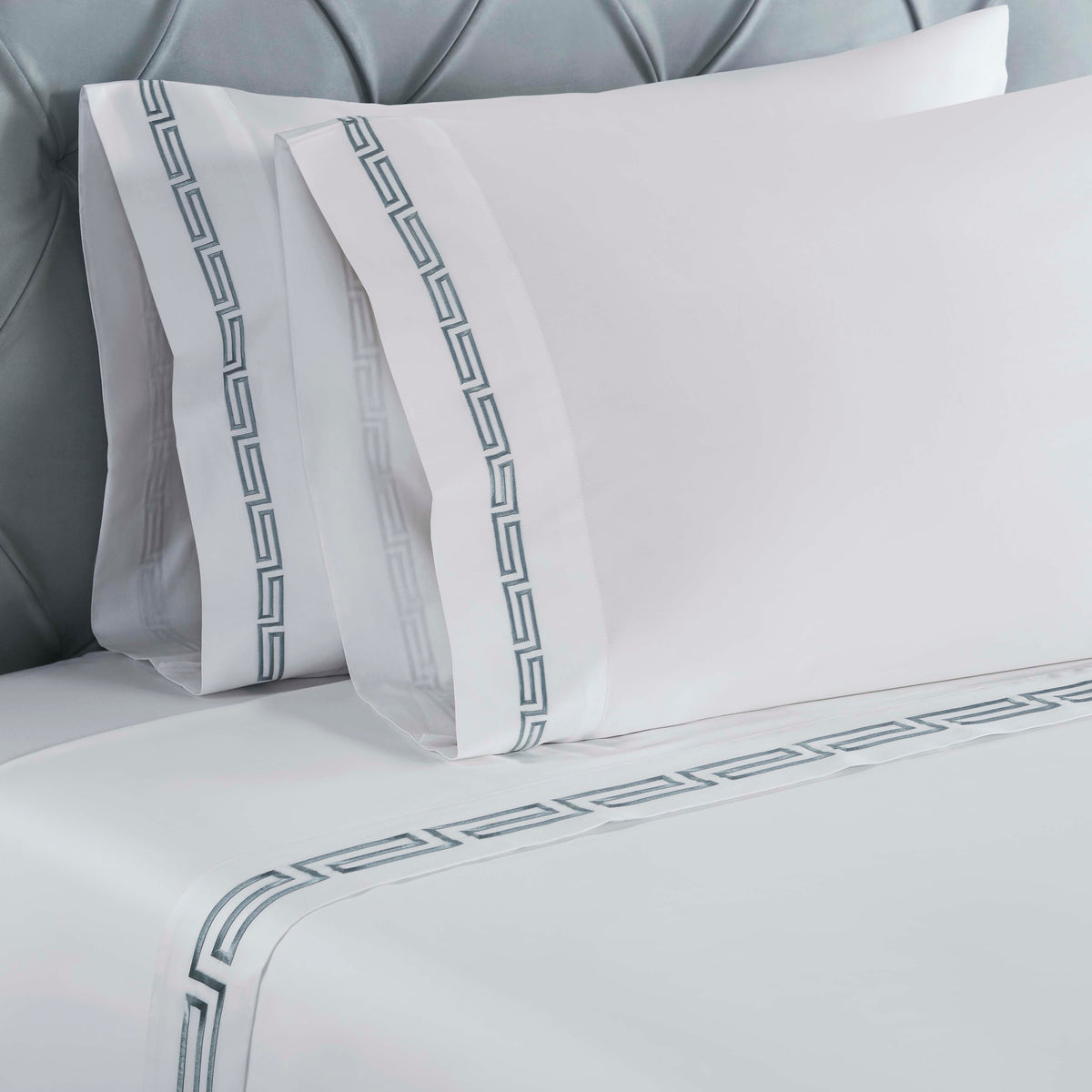 Harrison Cotton Greek Key Embroidered Deep Pocket Bed Sheet Set - White-Silver