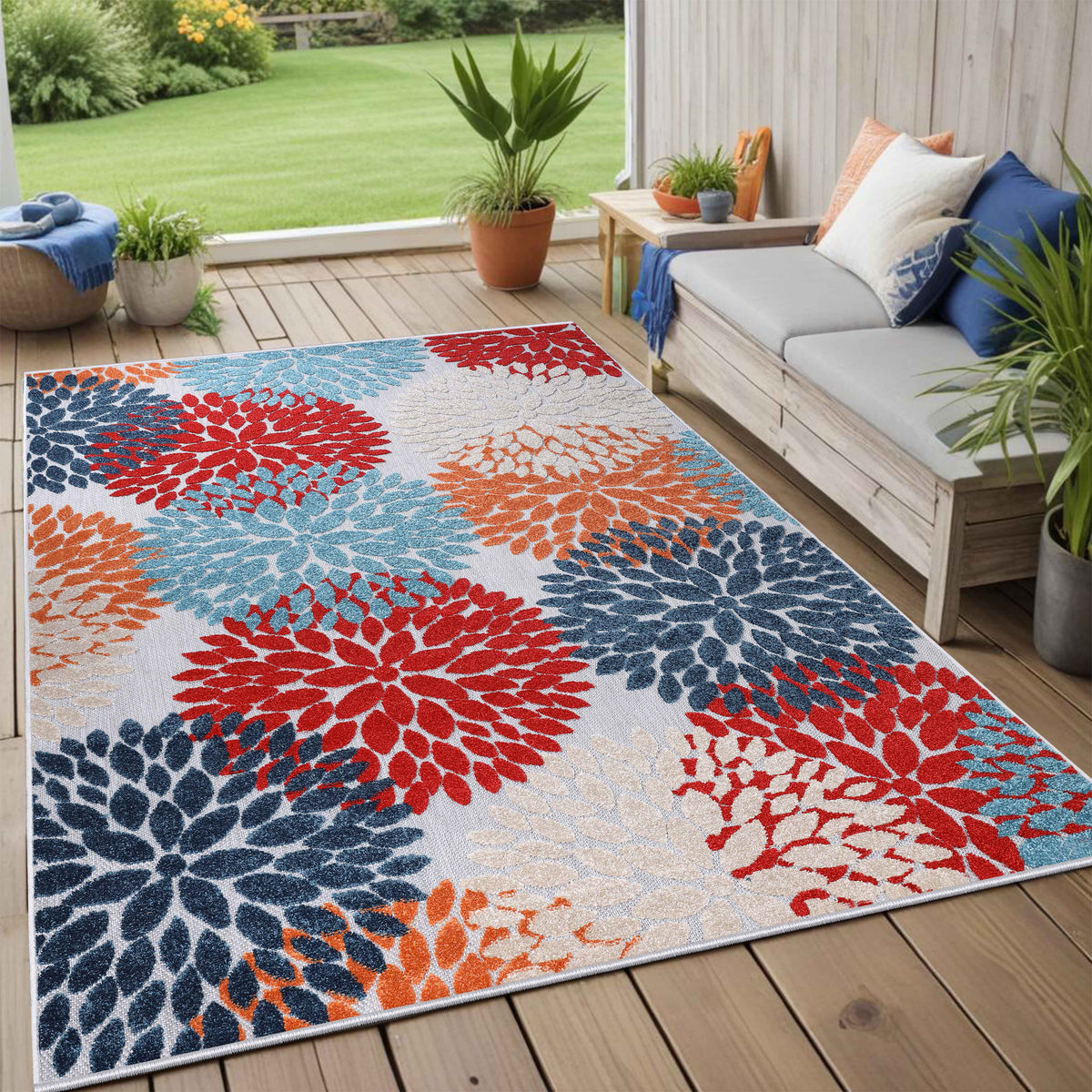 Hydrangea Floral Medallion Indoor Outdoor Area Rug - Multicolor