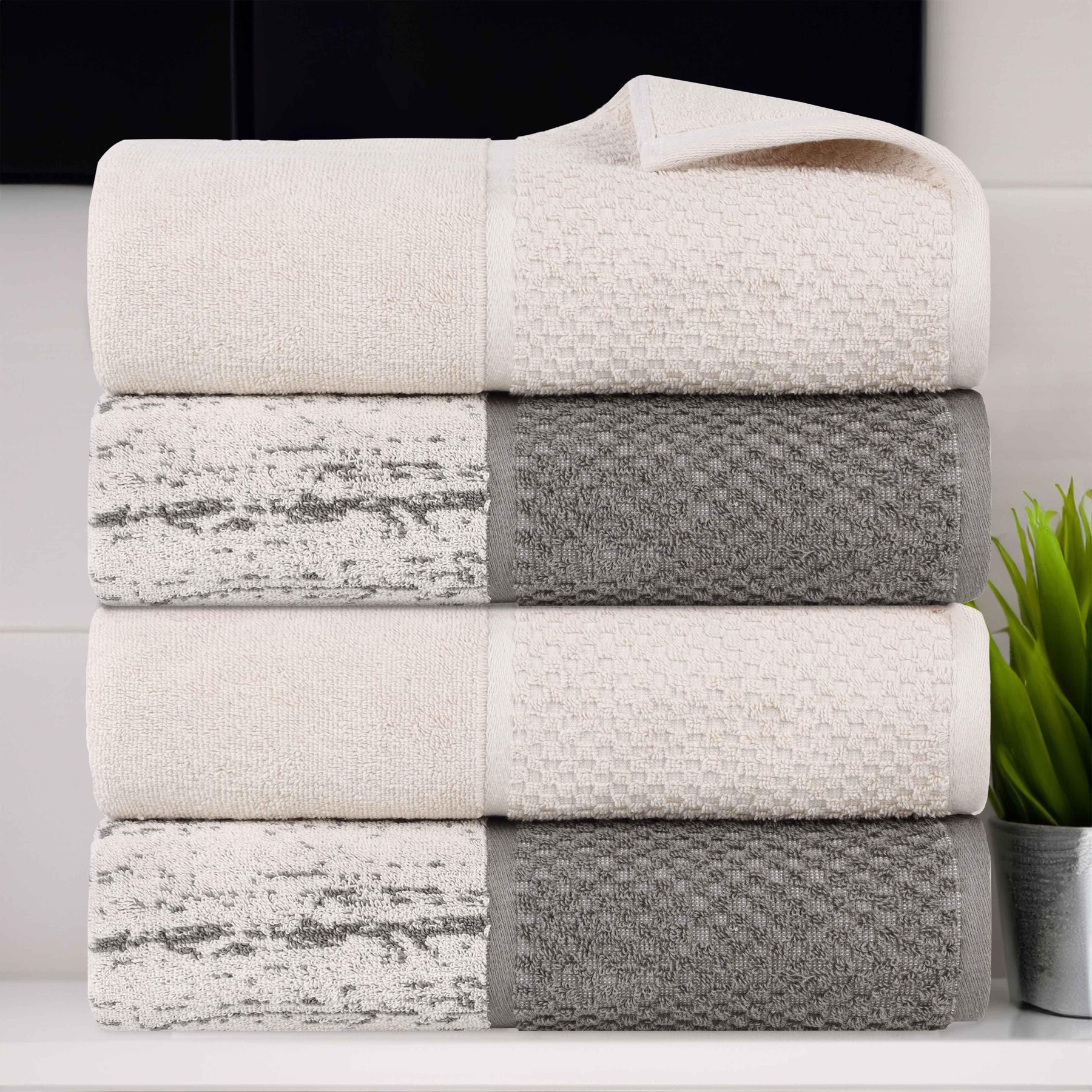 Lodie Cotton Jacquard Solid and Two-Toned Bath Towel Set of 4 - Ivory/Charcoal