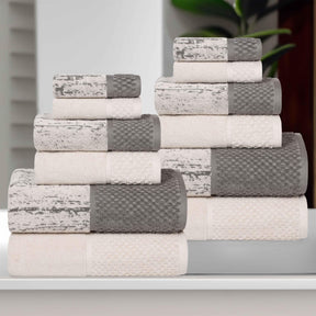 Lodie Cotton Jacquard Solid and Two-Toned 12 Piece Assorted Towel Set - Charcoal/Ivory