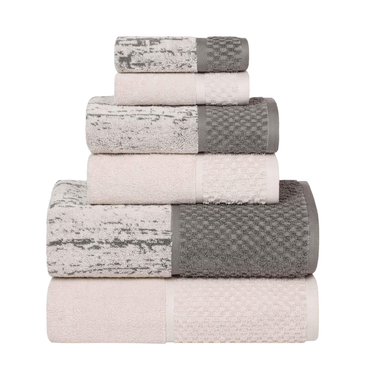 Lodie Cotton Jacquard Solid and Two-Toned 6 Piece Assorted Towel Set - Ivory/Charcoal