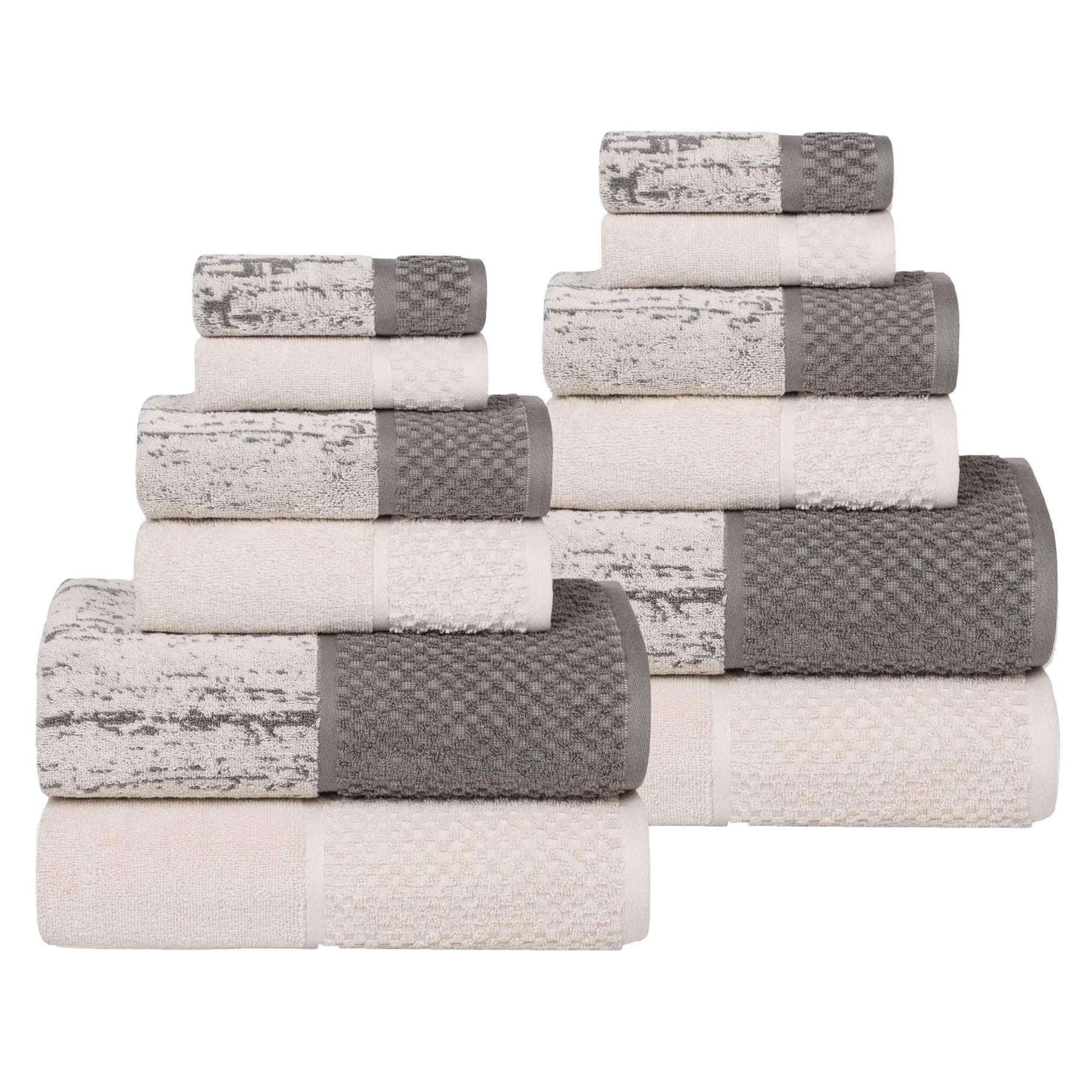 Lodie Cotton Jacquard Solid and Two-Toned 12 Piece Assorted Towel Set - Charcoal/Ivory