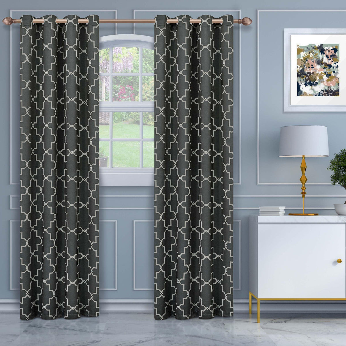 Imperial Trellis Grommet Header Blackout Curtain Panel Set - Charcoal