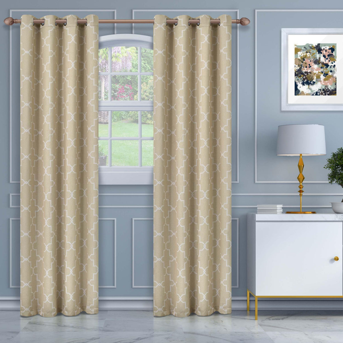 Imperial Trellis Grommet Header Blackout Curtain Panel Set - Ivory