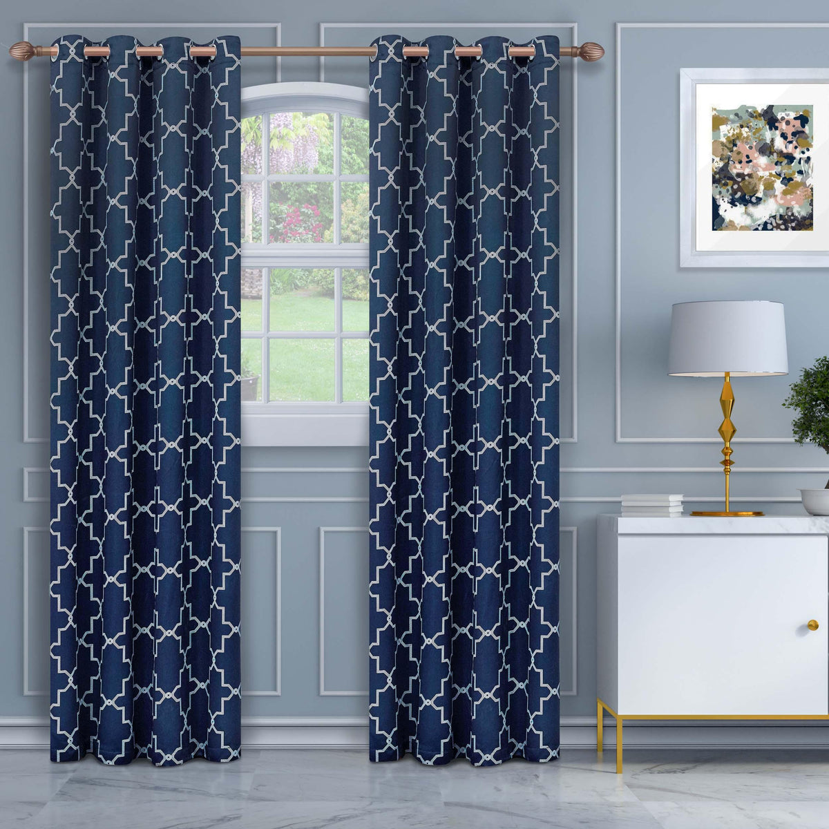 Imperial Trellis Grommet Header Blackout Curtain Panel Set - NavyBlue