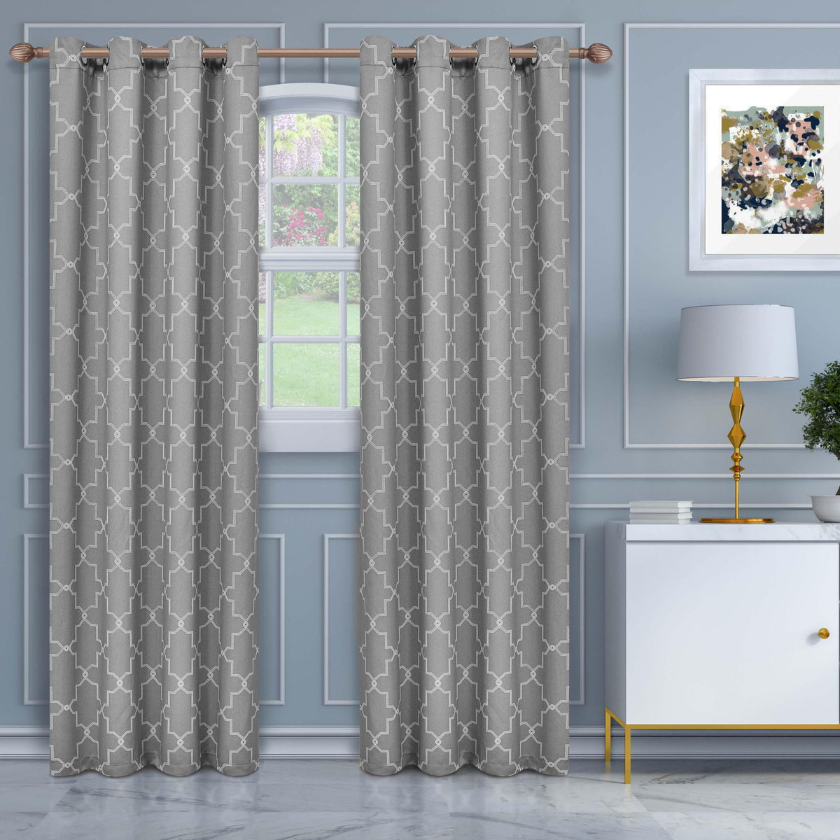 Imperial Trellis Grommet Header Blackout Curtain Panel Set - Silver