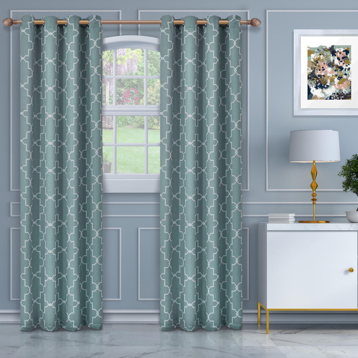 Imperial Trellis Grommet Header Blackout Curtain Panel Set - Teal