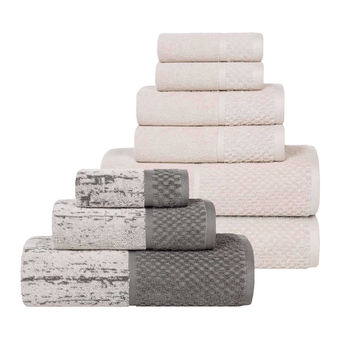 Lodie Cotton Jacquard Solid and Two-Toned 9 Piece Assorted Towel Set - Ivory/Charcoal