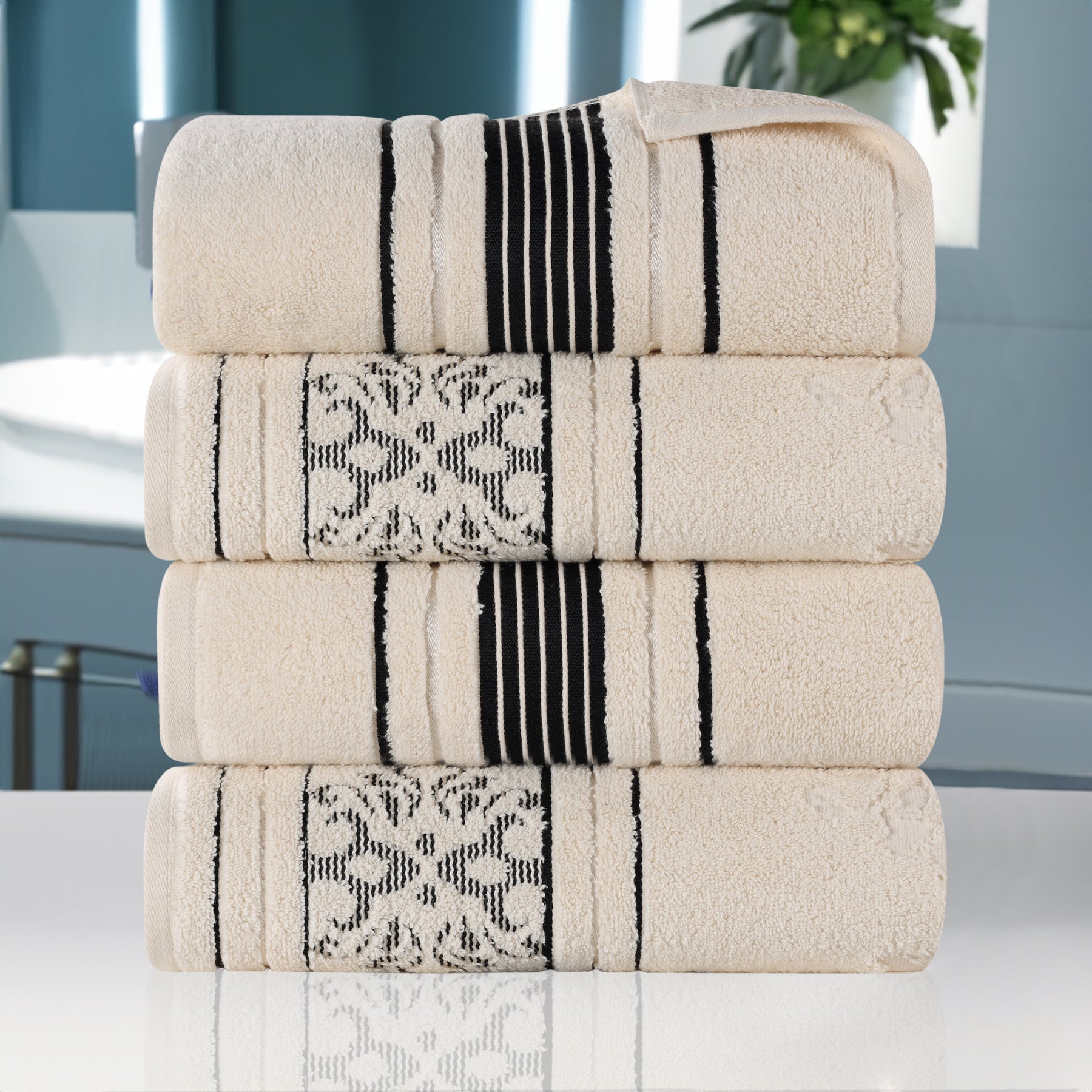 Sadie Zero Twist Cotton Solid and Jacquard Floral Bath Towel Set of 4 SuperiorBrand