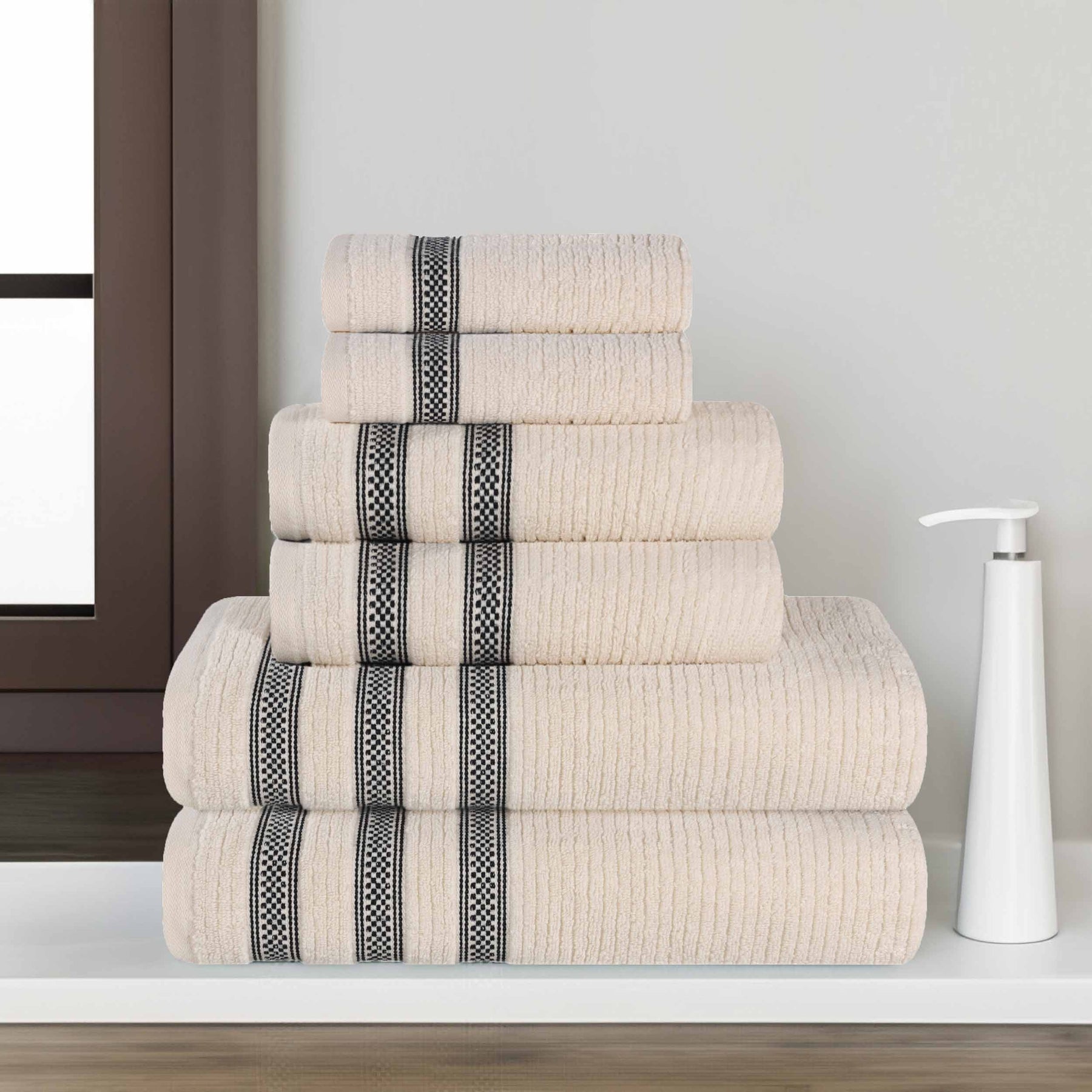 Brea Zero Twist Cotton Ribbed Geometric Border 6 Piece Towel Set