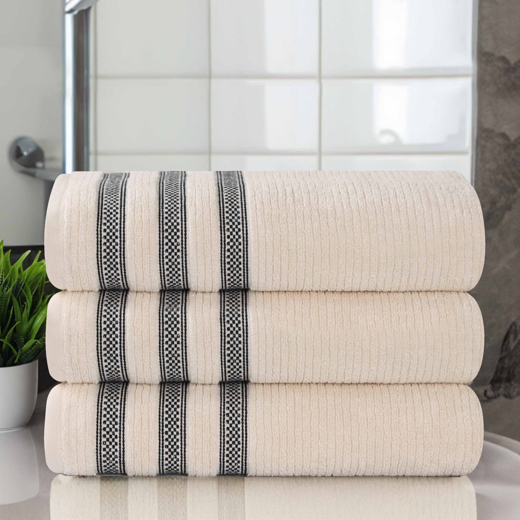 Brea Zero Twist Cotton Ribbed Geometric Border Bath Towel Set of 3