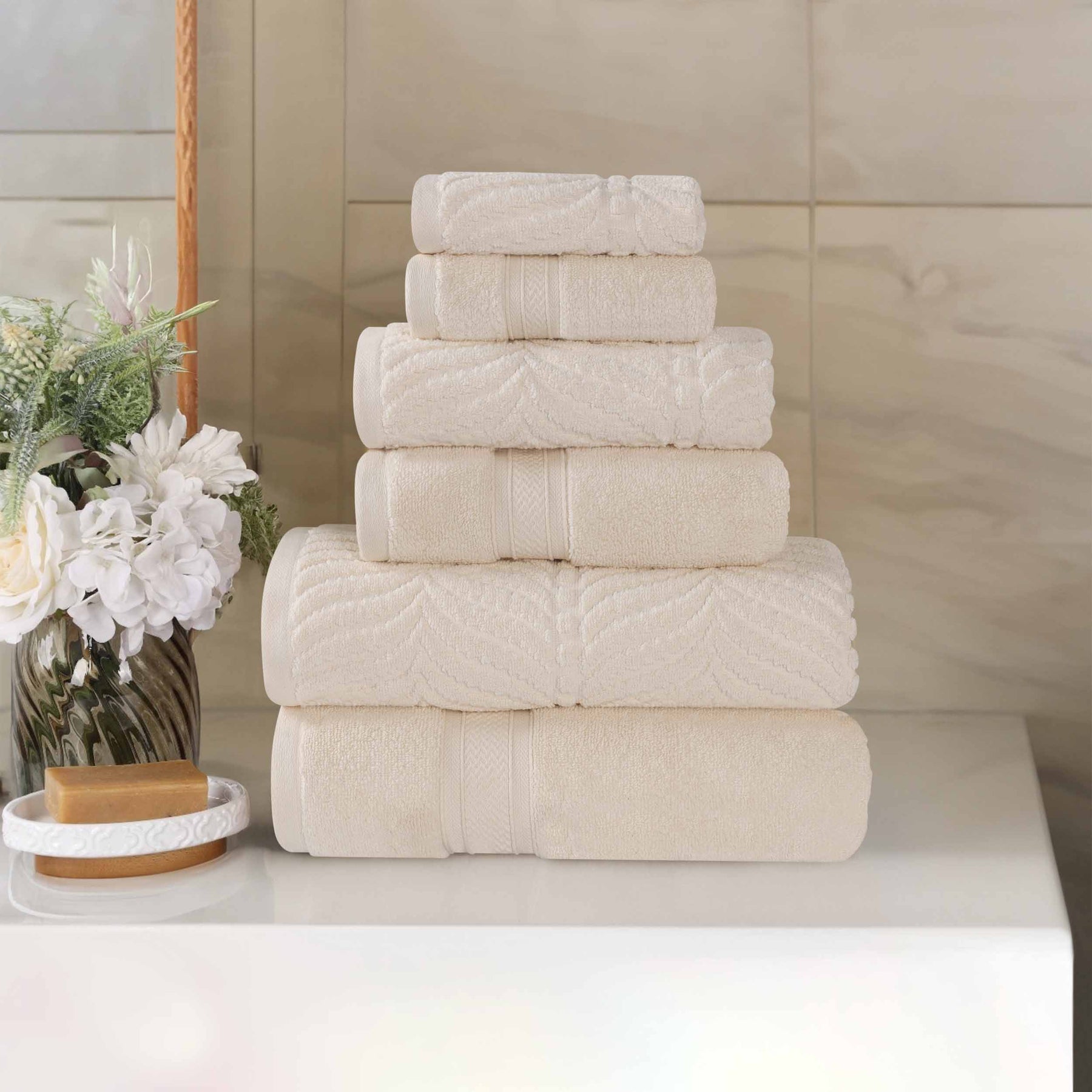 Chevron Zero Twist Solid and Jacquard Soft Cotton 6 Piece Towel Set