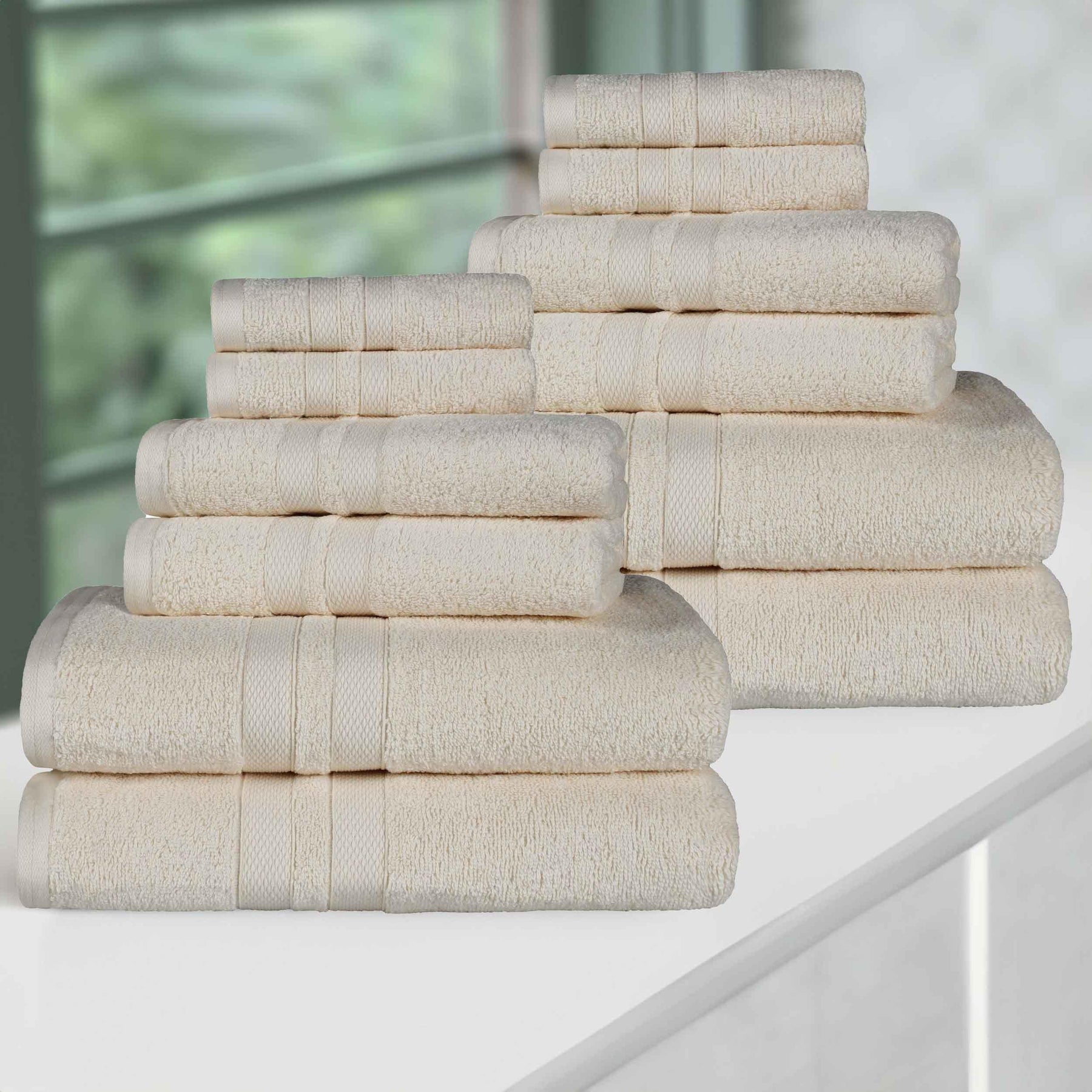 Ultra-Soft Cotton Absorbent Quick-Drying 12 Piece Assorted Towel Set - Ivory