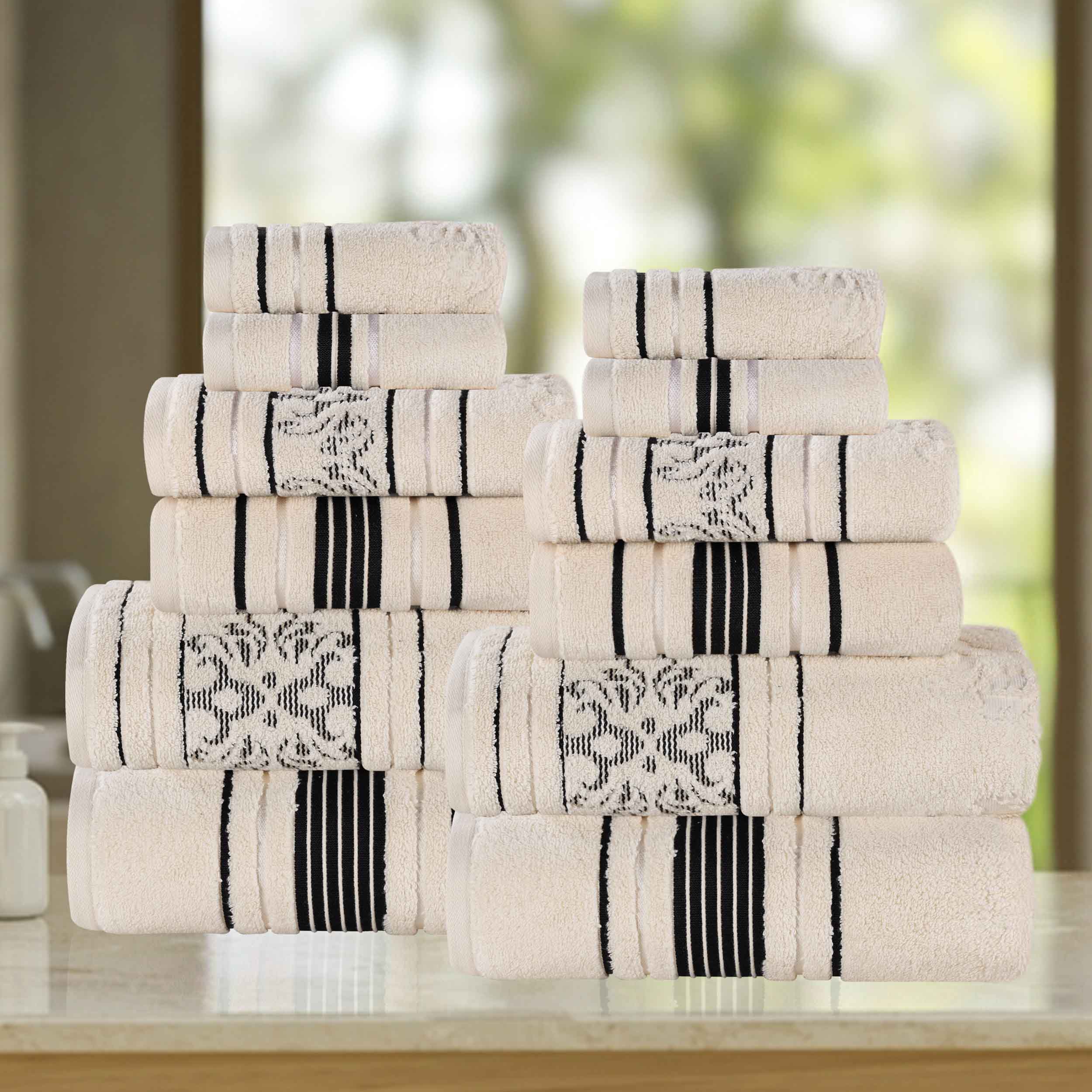 Sadie Zero Twist Cotton Solid and Jacquard Floral 12 Piece Towel Set - Towel Set by Superior