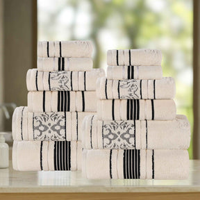 Sadie Zero Twist Cotton Solid and Jacquard Floral 12 Piece Towel Set