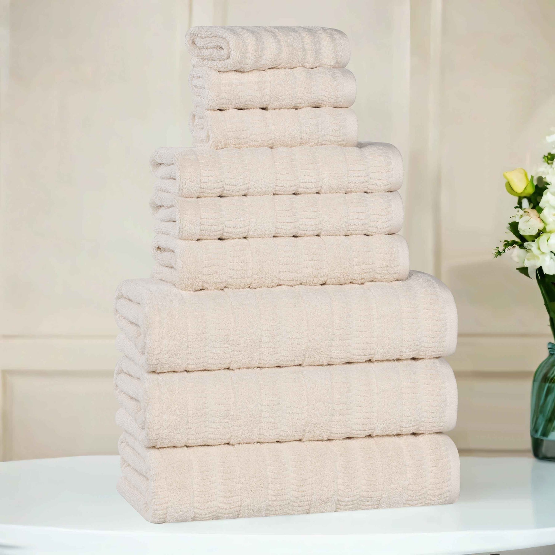 Mika Smart Twist Cotton Solid Textured Ribbed 9 Piece Towel Set