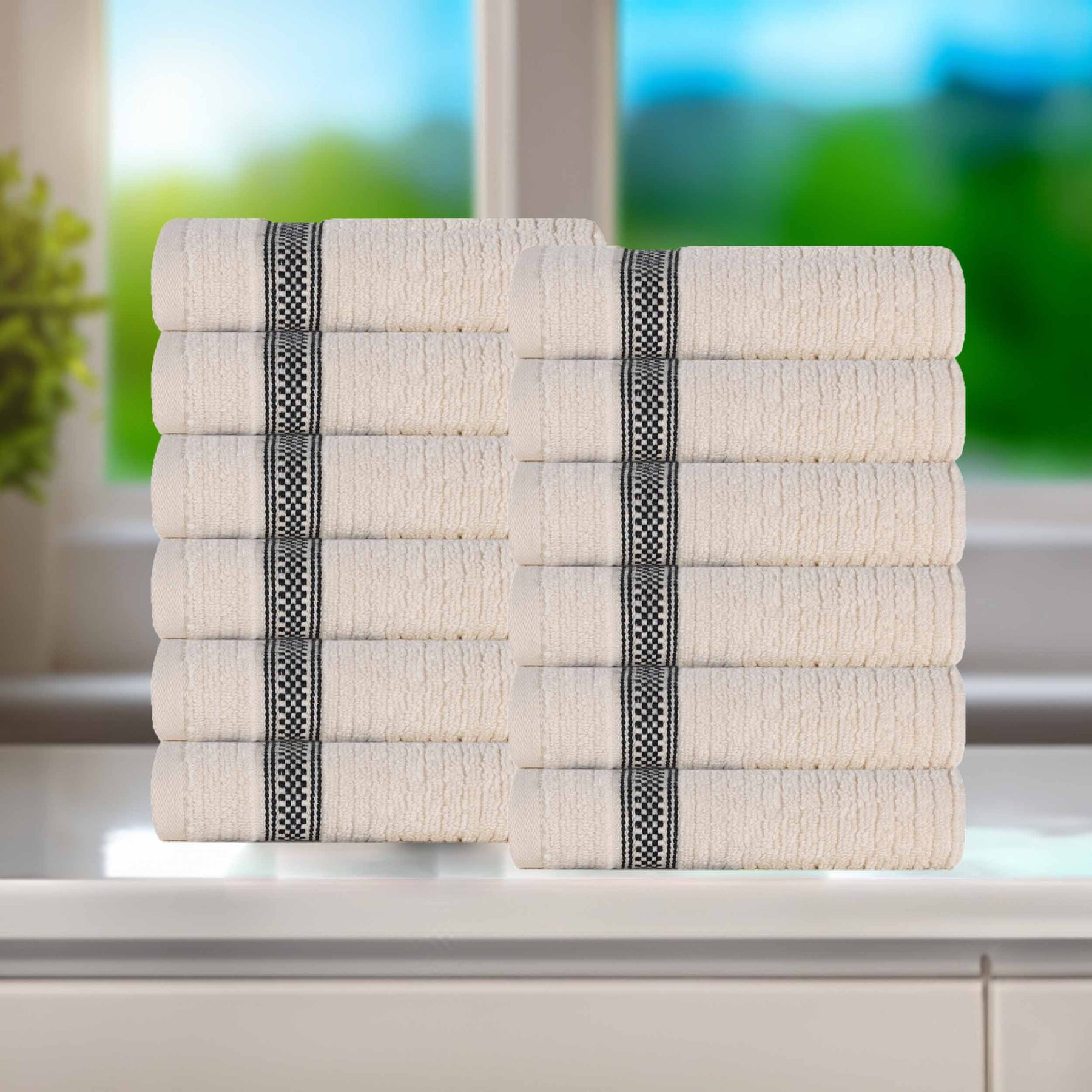 Brea Zero Twist Cotton Ribbed Geometric Border Face Towel Set of 12