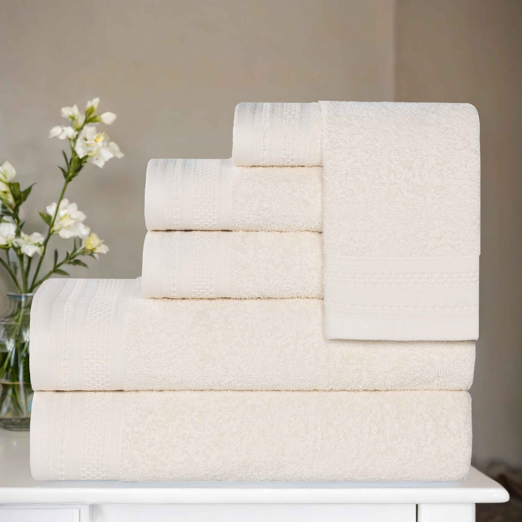 Honeycomb Textured Waffle Border Cotton 6 Piece Towel Set