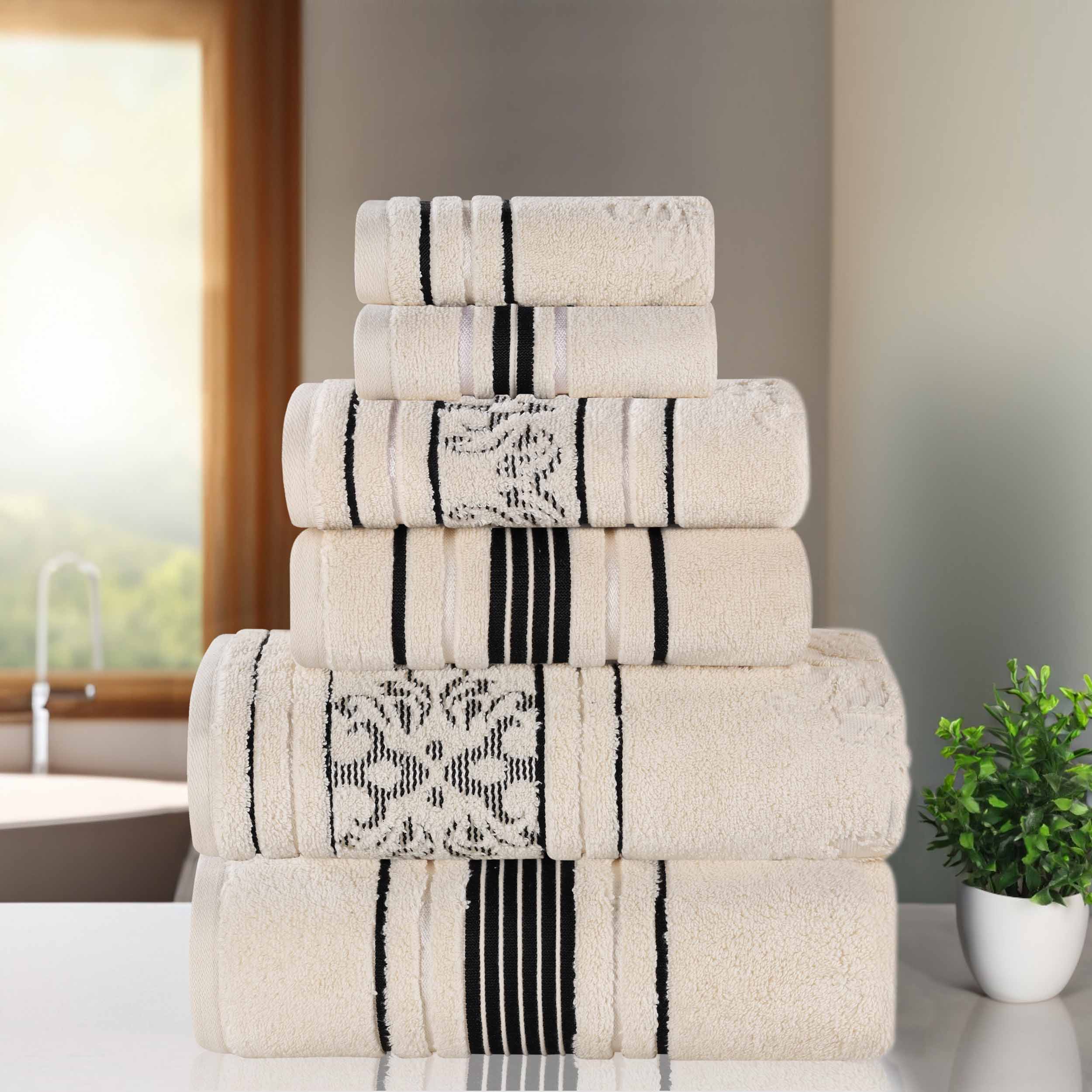 Sadie Zero Twist Cotton Solid and Jacquard Floral 6 Piece Towel Set - Towel Set by Superior