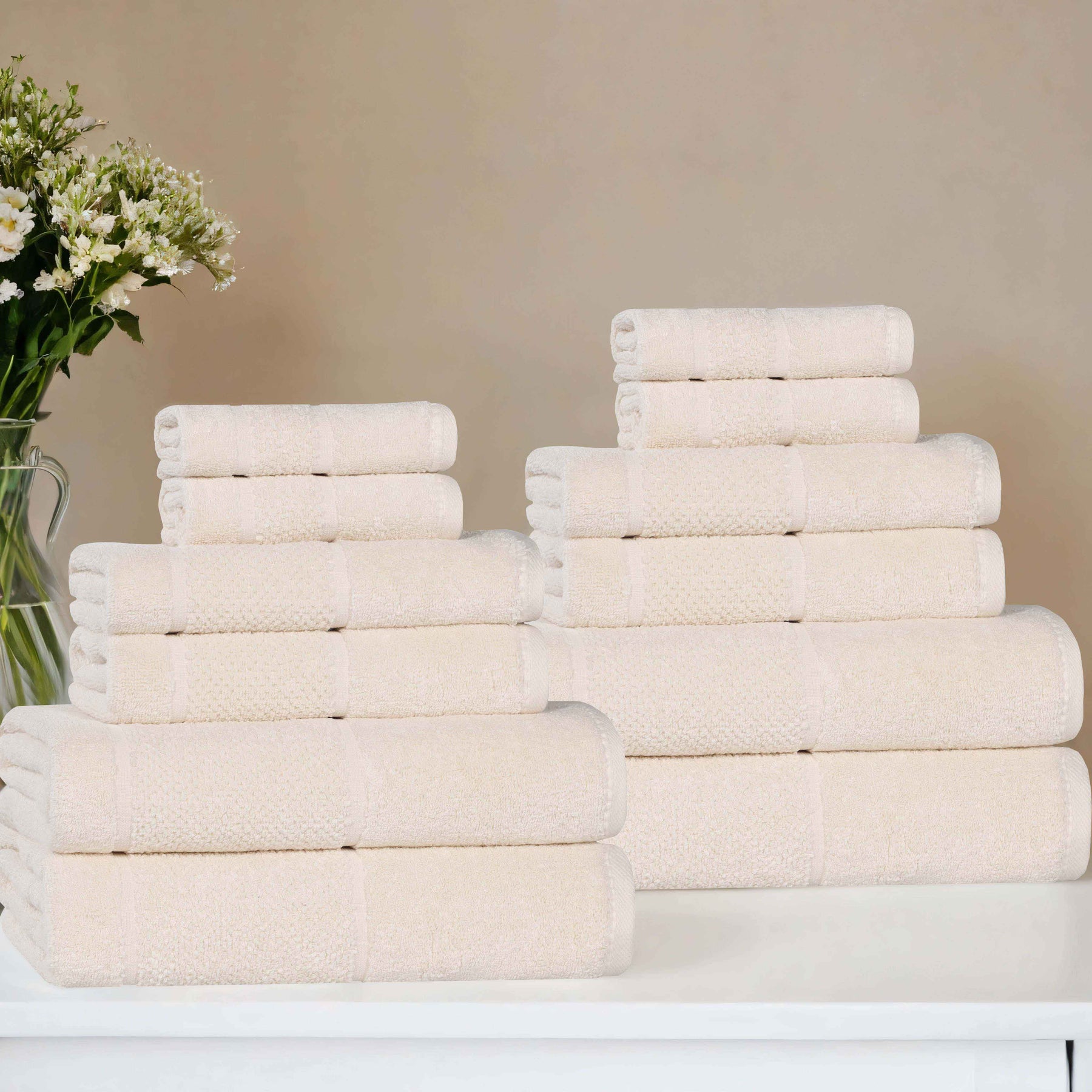 Mile Smart Twist Cotton Solid Thick Border 12 Piece Towel Set