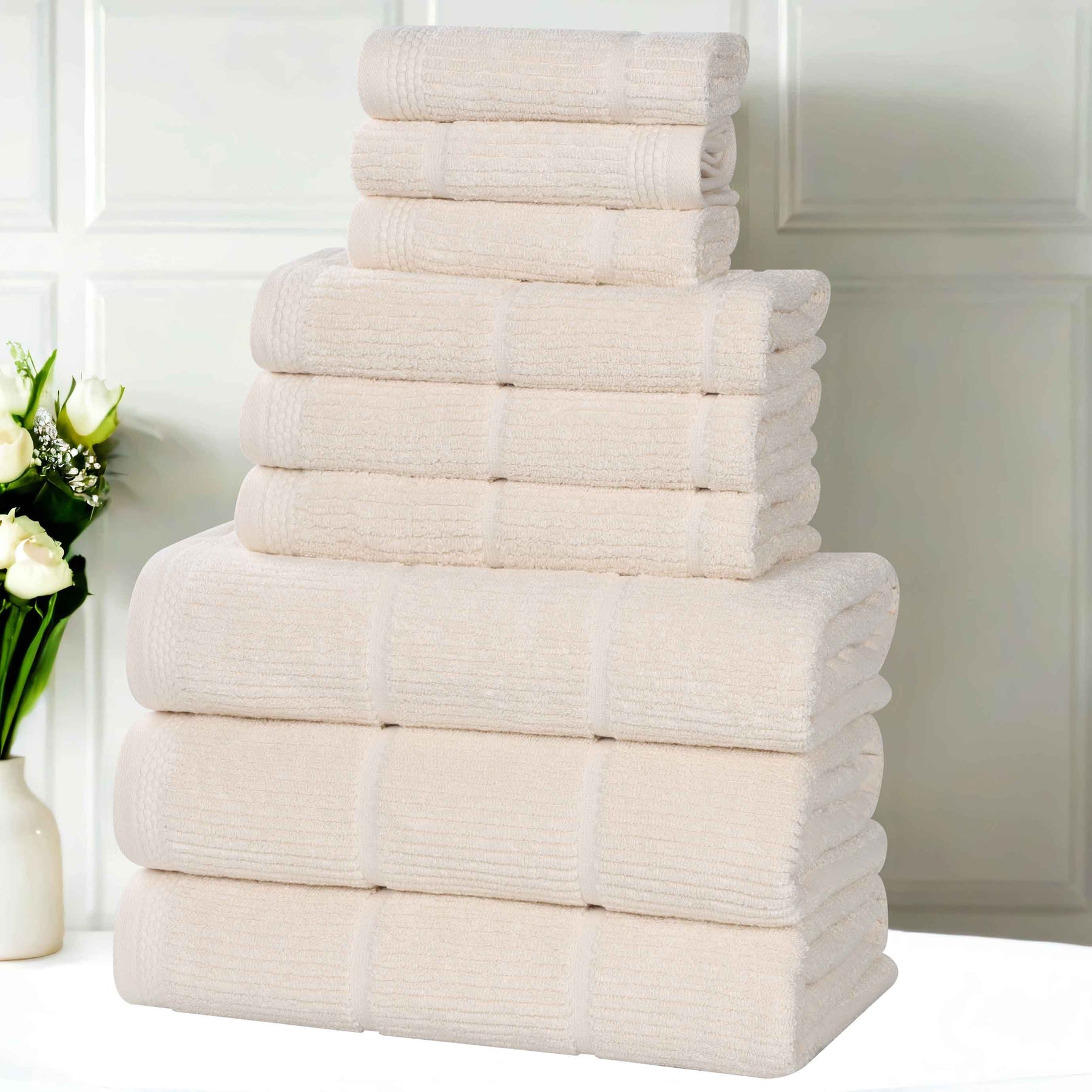 Milo Smart Twist Cotton Medium Weight Solid Ribbed 9 Piece Towel Set