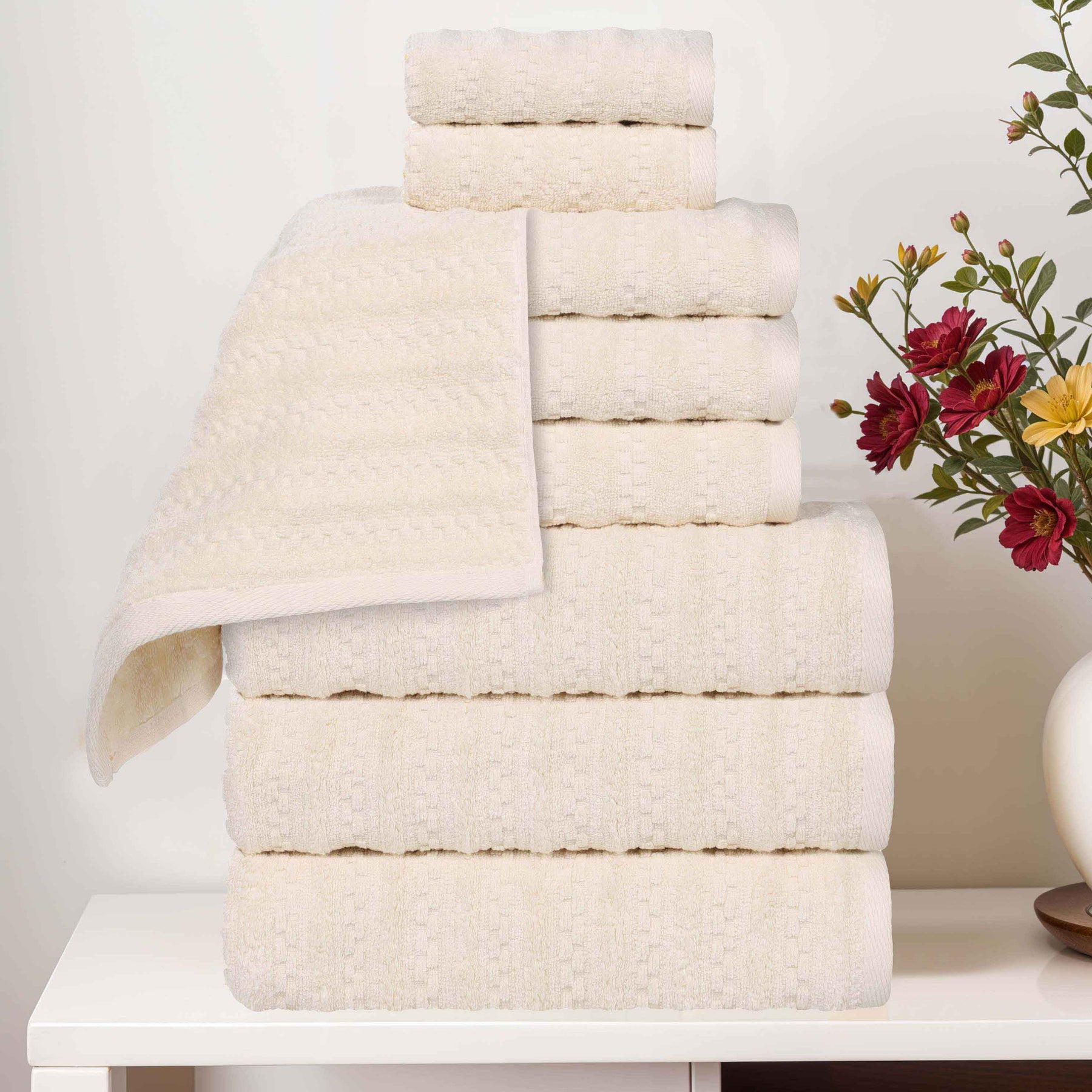 Zuma Zero Twist Cotton Medium Weight Waffle Stripes 9 Piece Towel Set