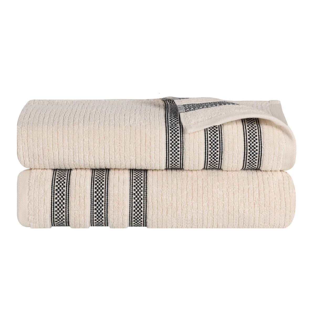 Brea Zero Twist Cotton Ribbed Geometric Border Bath Sheet Set of 2