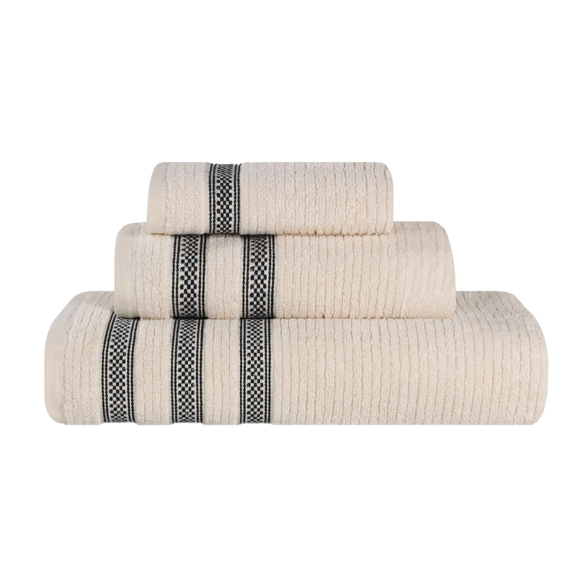 Brea Zero Twist Cotton Ribbed Geometric Border 3 Piece Towel Set