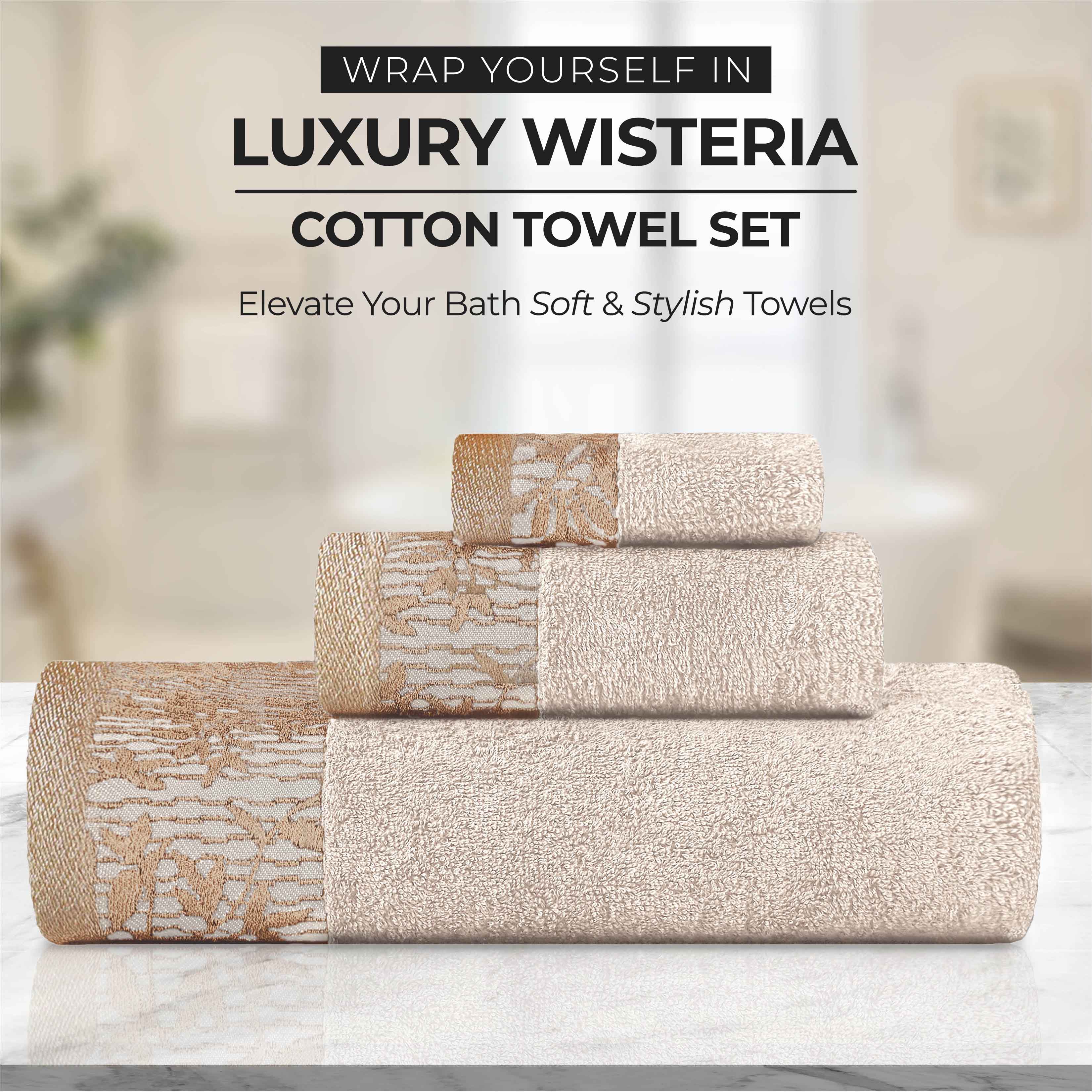 Wisteria Cotton Medium Weight Floral Jacquard Border 3 Piece Towel Set - Towel Set by Superior