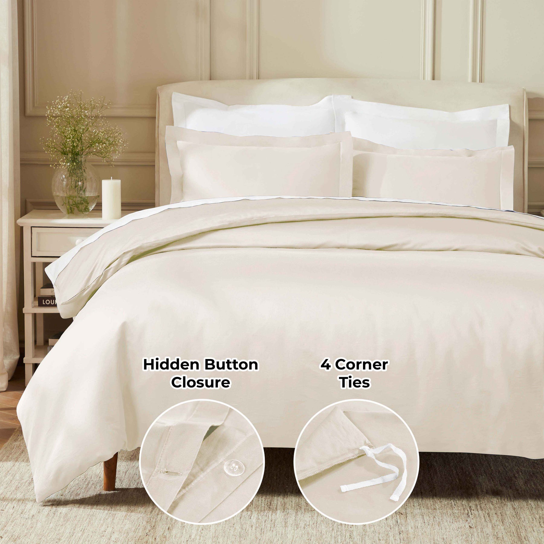 Egyptian Cotton 850 Thread Count Solid Luxury 3 Piece Duvet Cover Set - Ivory