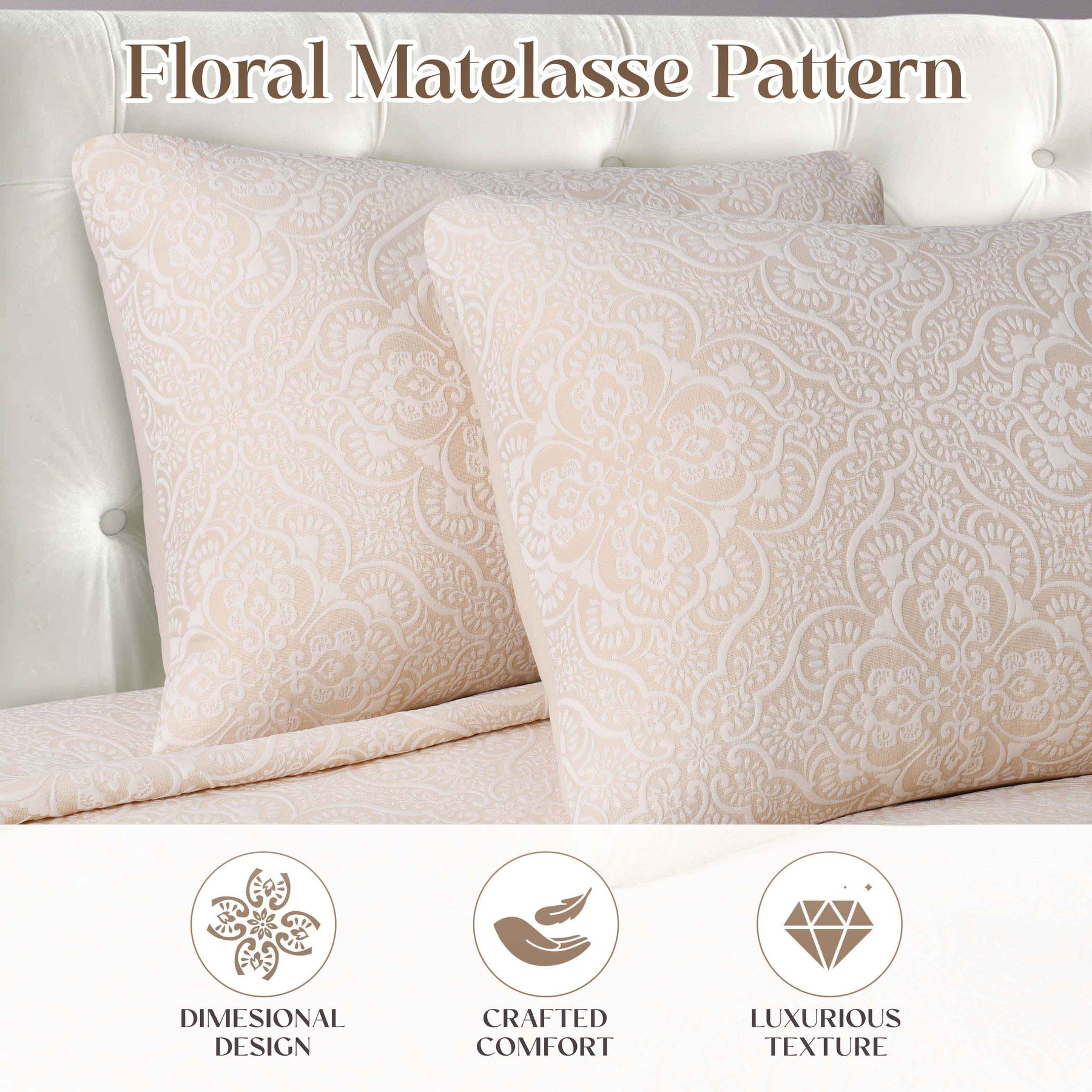 Enzy Medium Weight Floral Matelasse 3 Piece Bedspread Pillow Sham Set