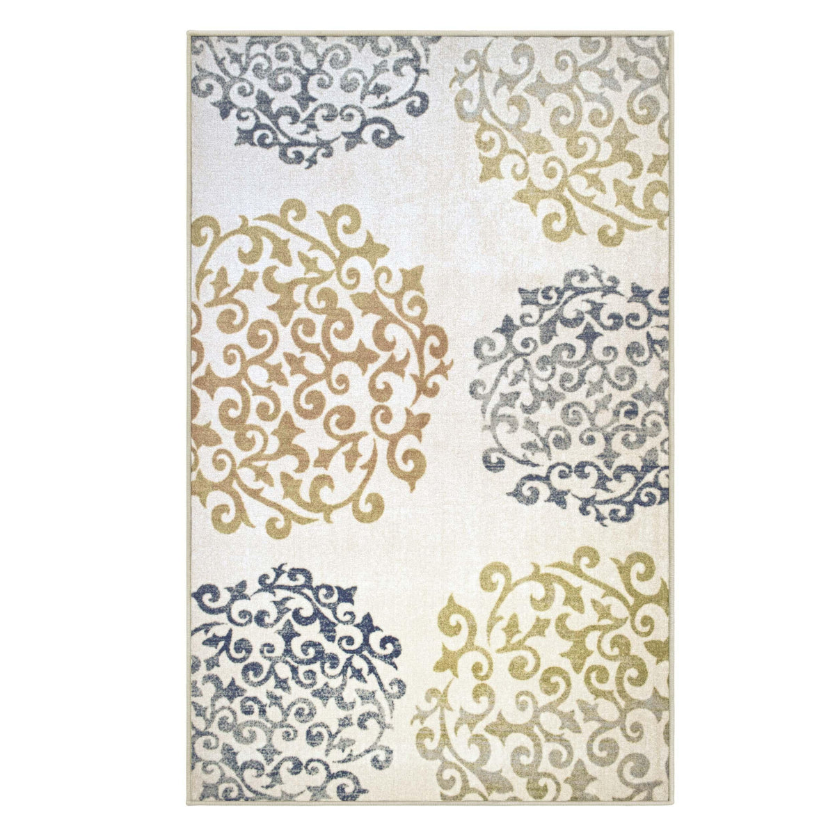 Amber Floral Scroll Medallion Non-Slip Washable Indoor Area Rug or Runner - Ivory