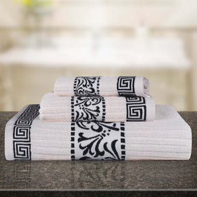 Athens Cotton Medium Weight Floral Greek Key Trim 3 Piece Towel Set