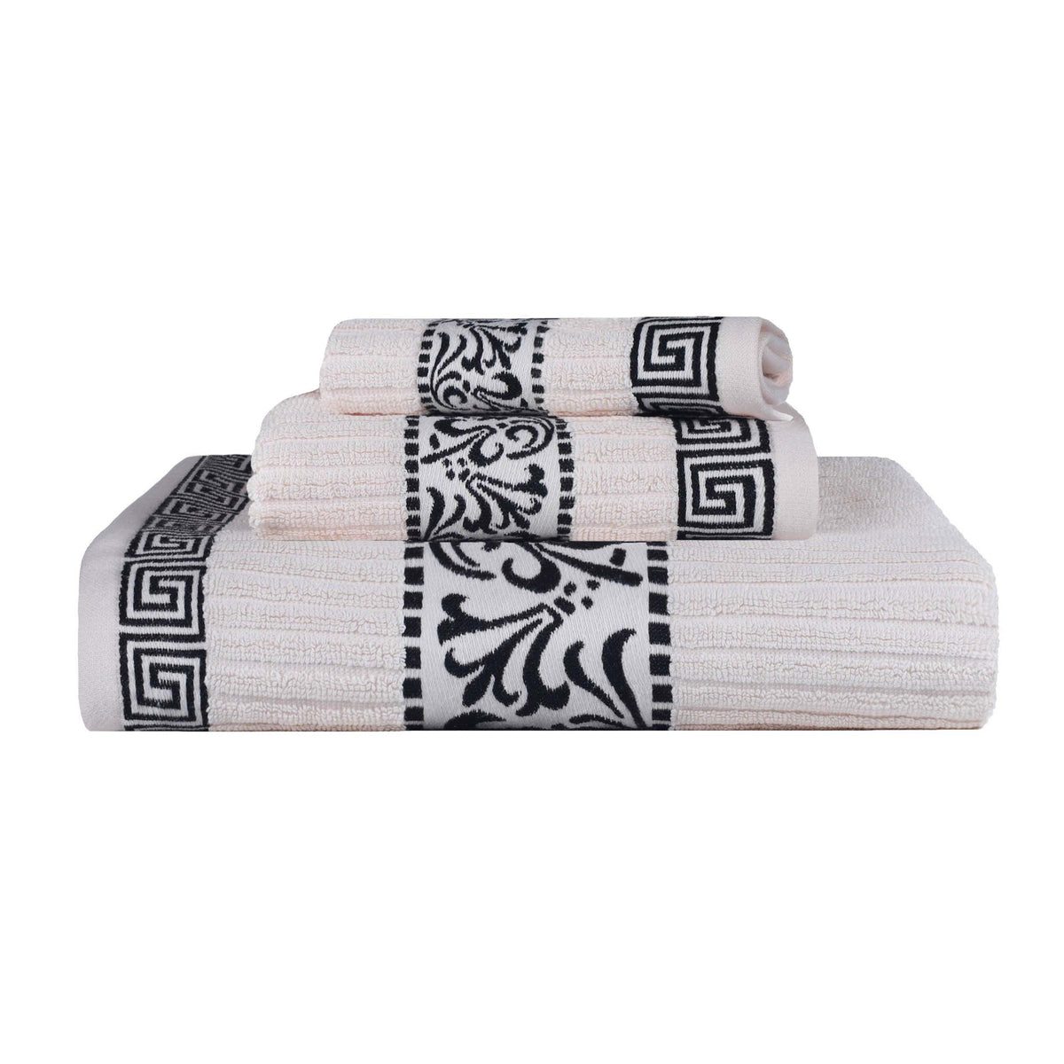 Athens Cotton Medium Weight Floral Greek Key Trim 3 Piece Towel Set