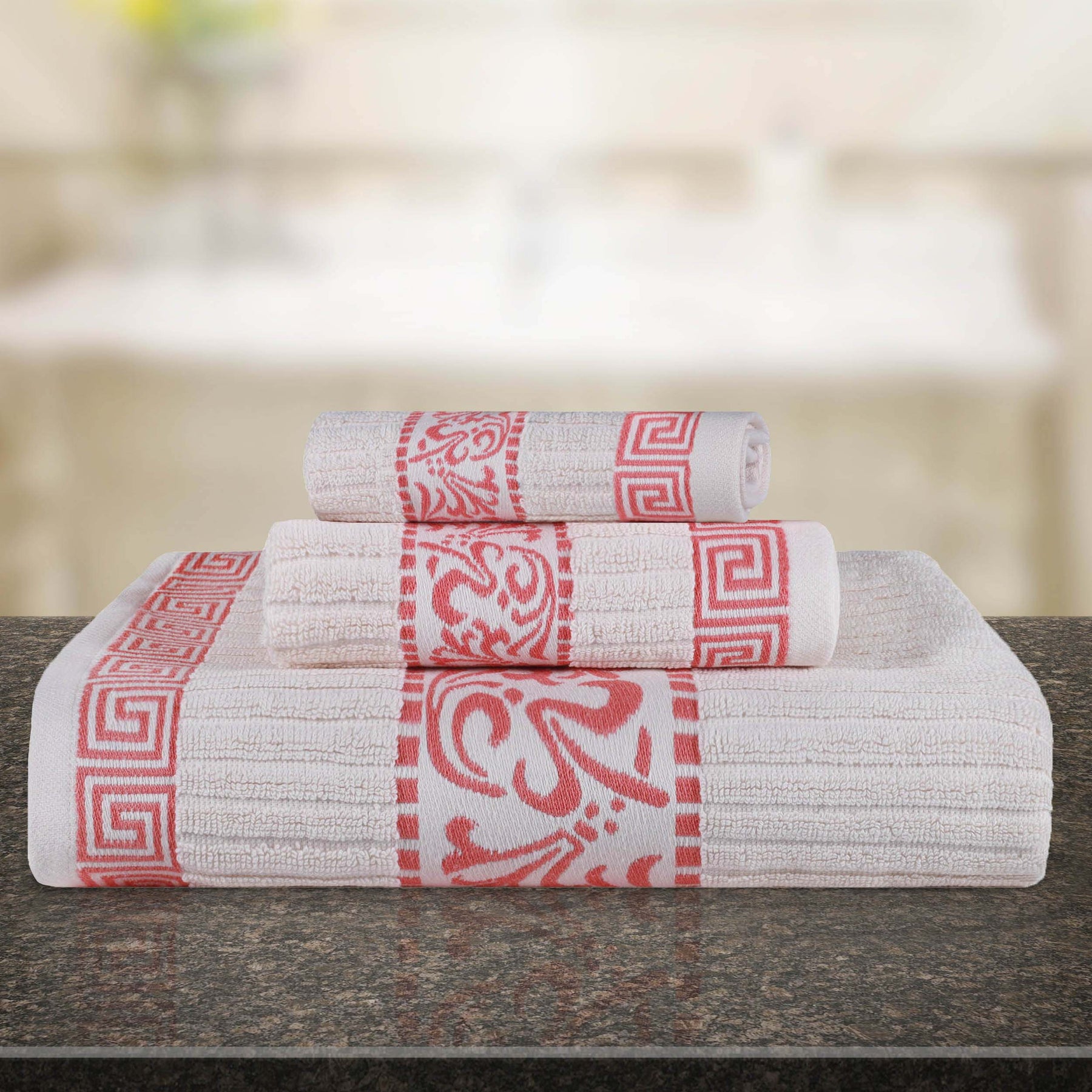 Athens Cotton Medium Weight Floral Greek Key Trim 3 Piece Towel Set