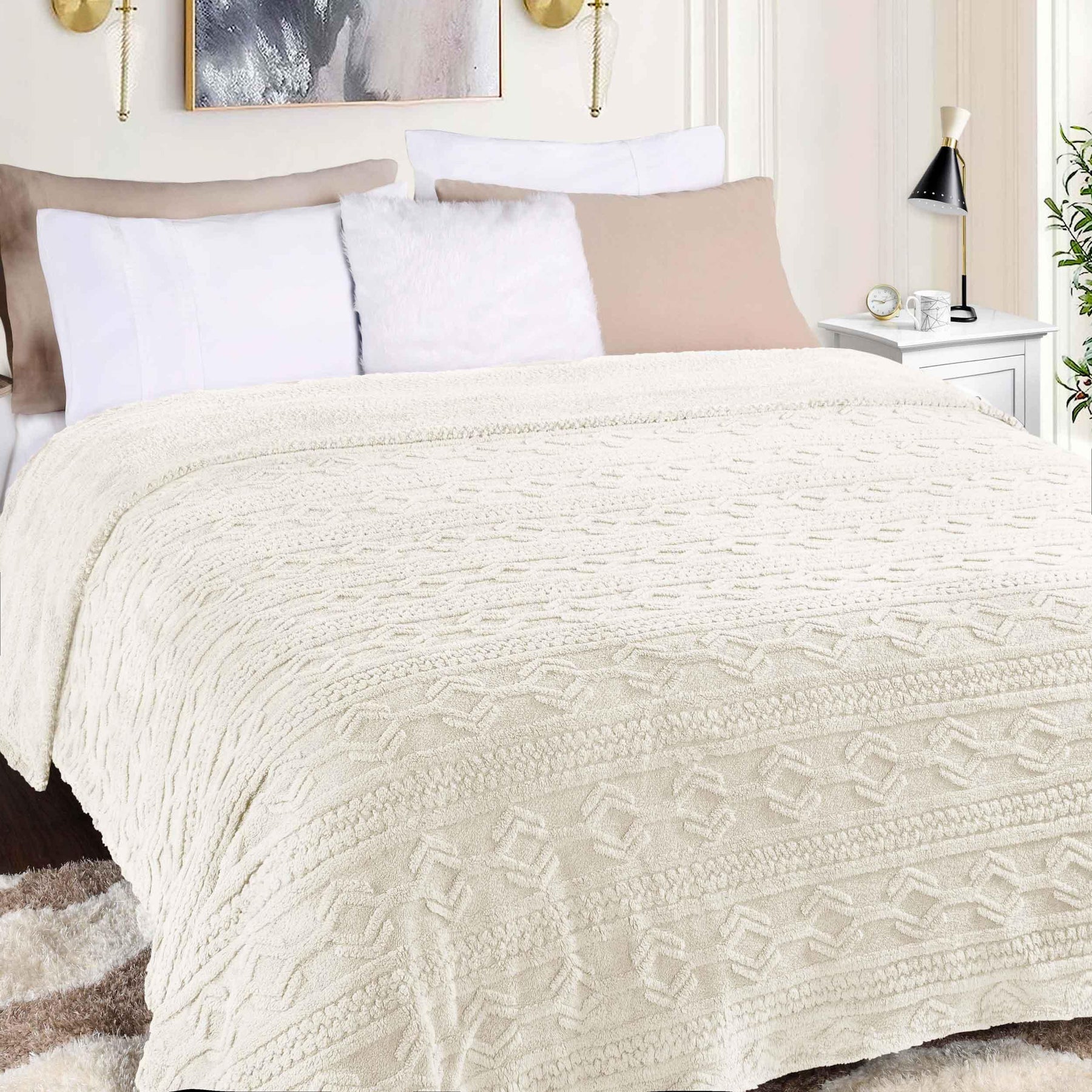 Arctic Boho Knit Jacquard Fleece Plush Medium Weight Fluffy Blanket - Ivory