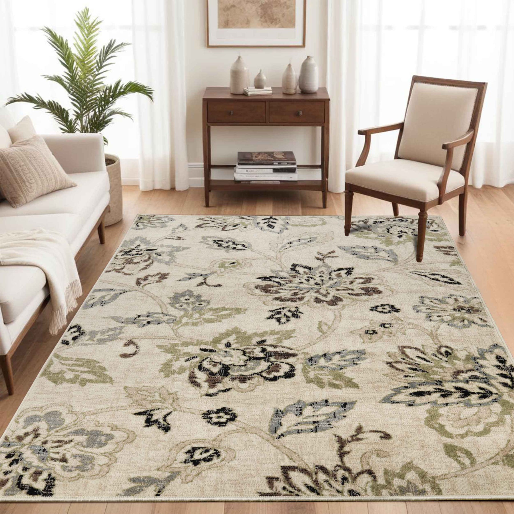 Jacobean Floral Modern Farmhouse Indoor Area Rug or Runner Rug - Cream