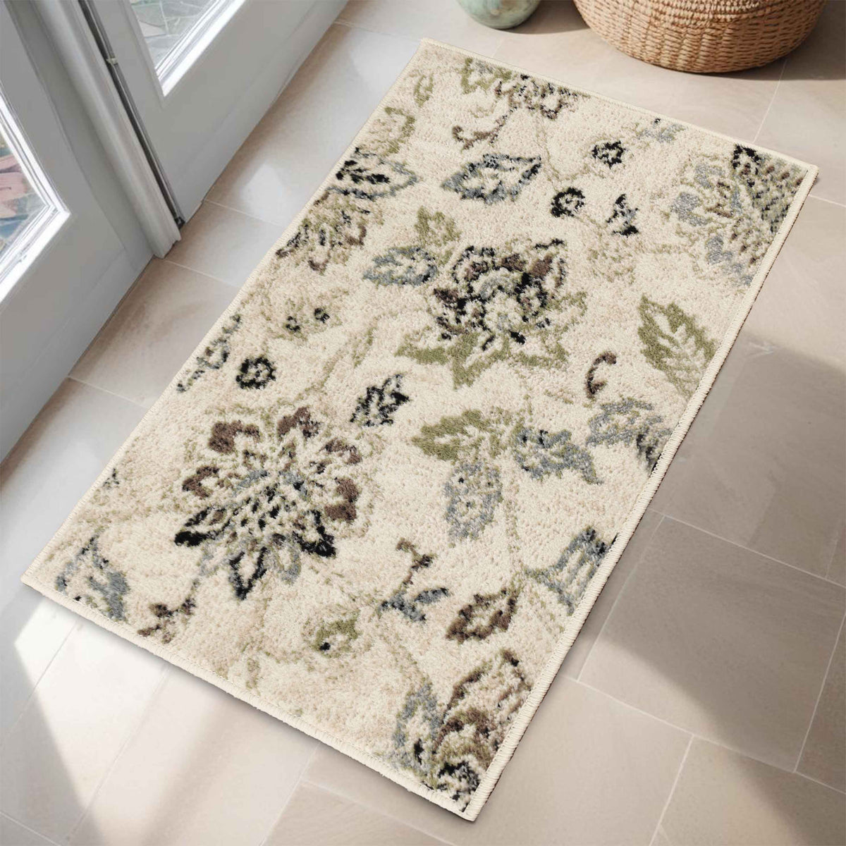 Jacobean Floral Modern Farmhouse Indoor Area Rug or Runner Rug - Cream